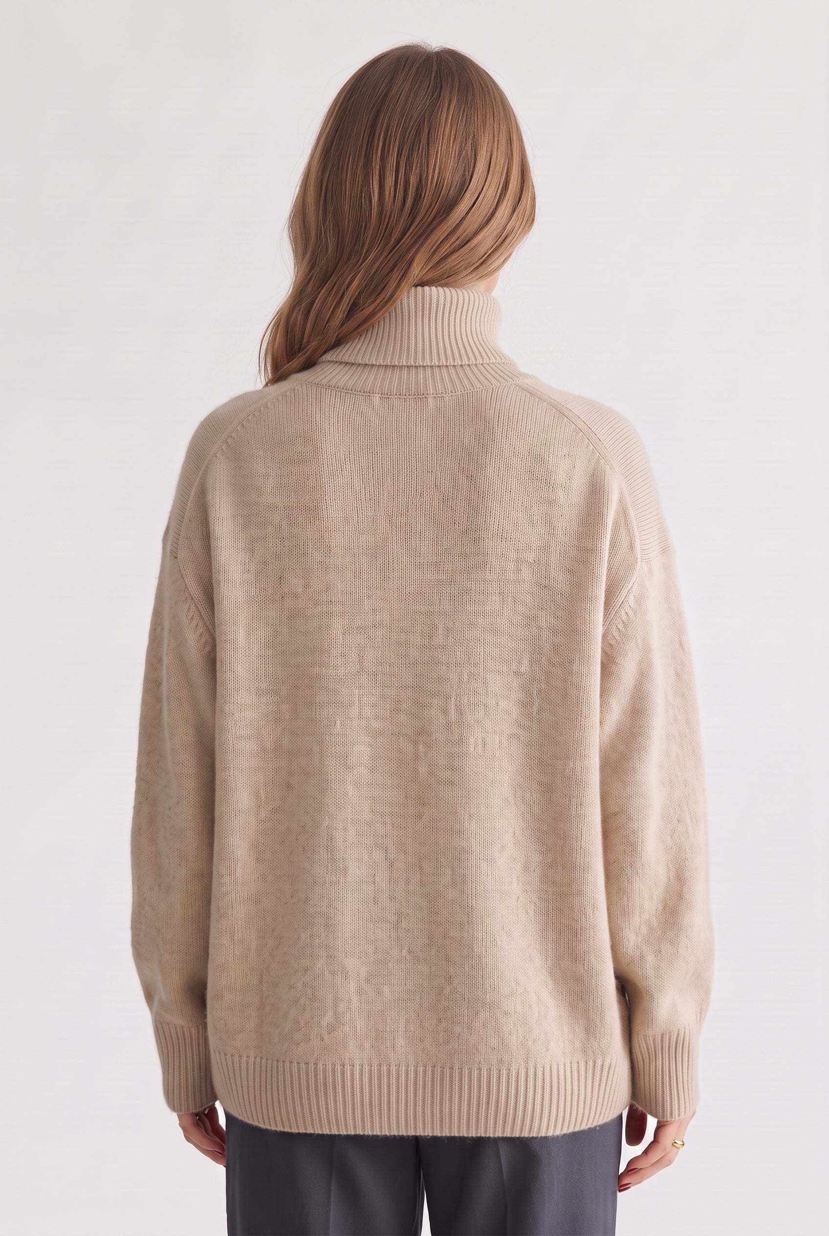 Women's Jumper | Oversized Roll Neck with Ribbed Trims - Beige back