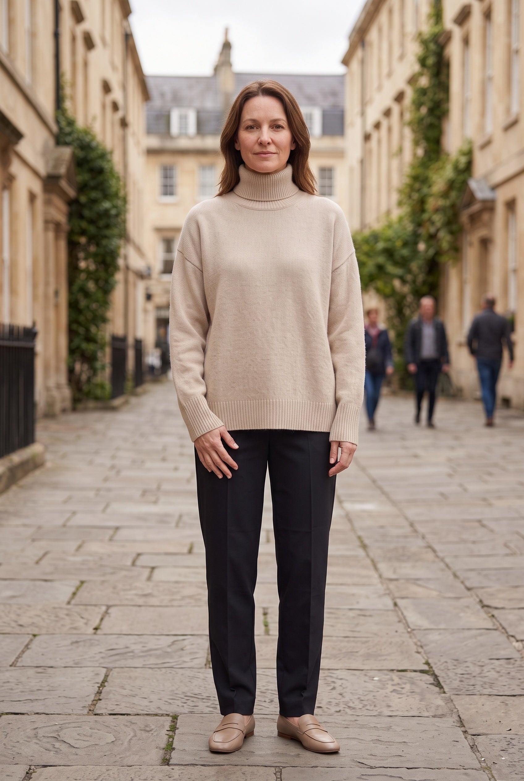 Women's Jumper | Oversized Roll Neck with Ribbed Trims - Beige lifestyle