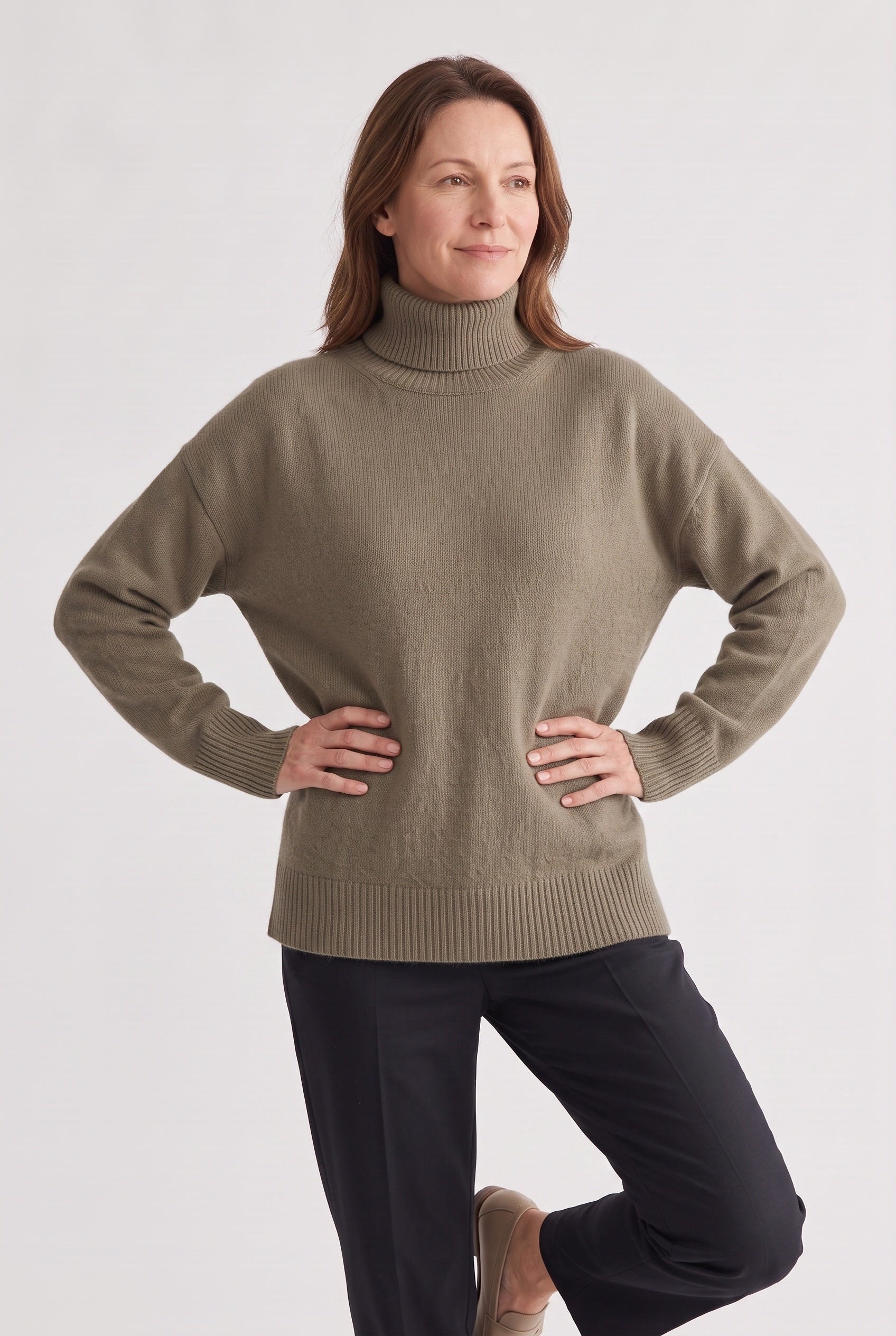 Women's Jumper | Oversized Roll Neck with Ribbed Trims - Khaki