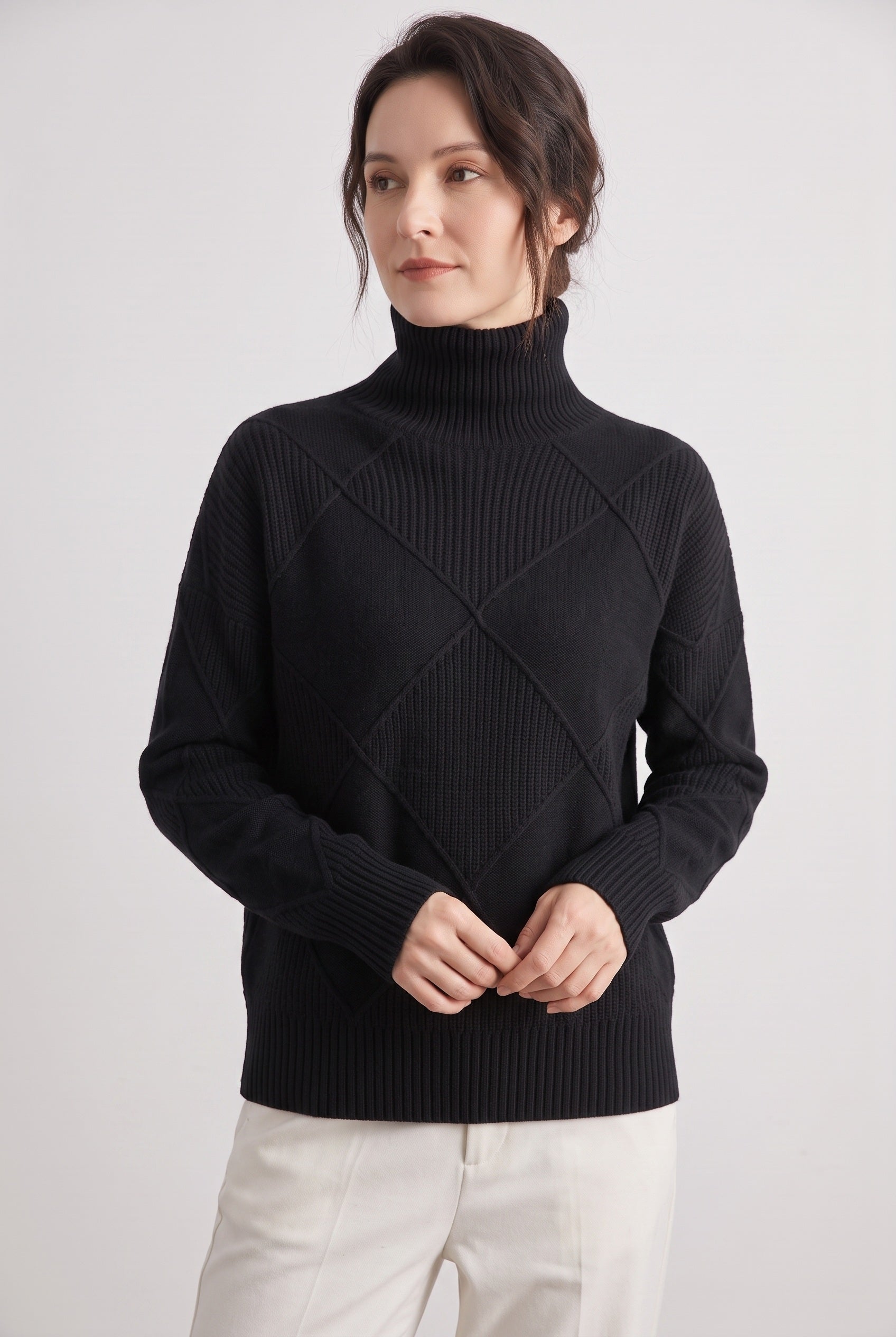 Women's Jumper | Roll Neck with Diamond Knit - Black