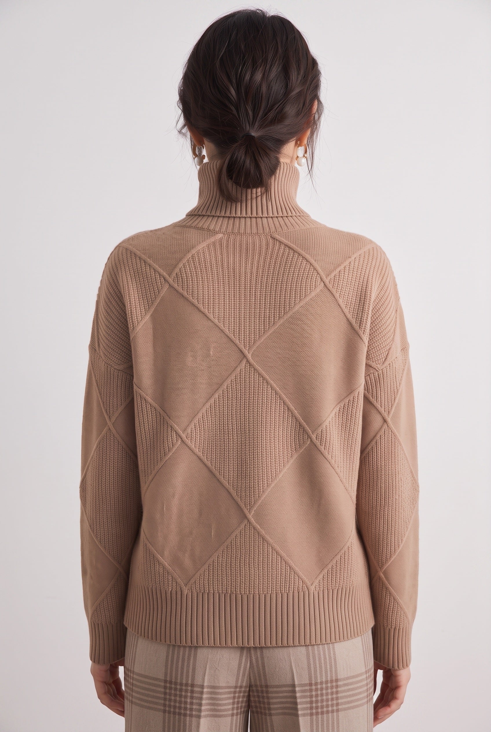 Women's Jumper | Roll Neck with Diamond Knit - Brown back