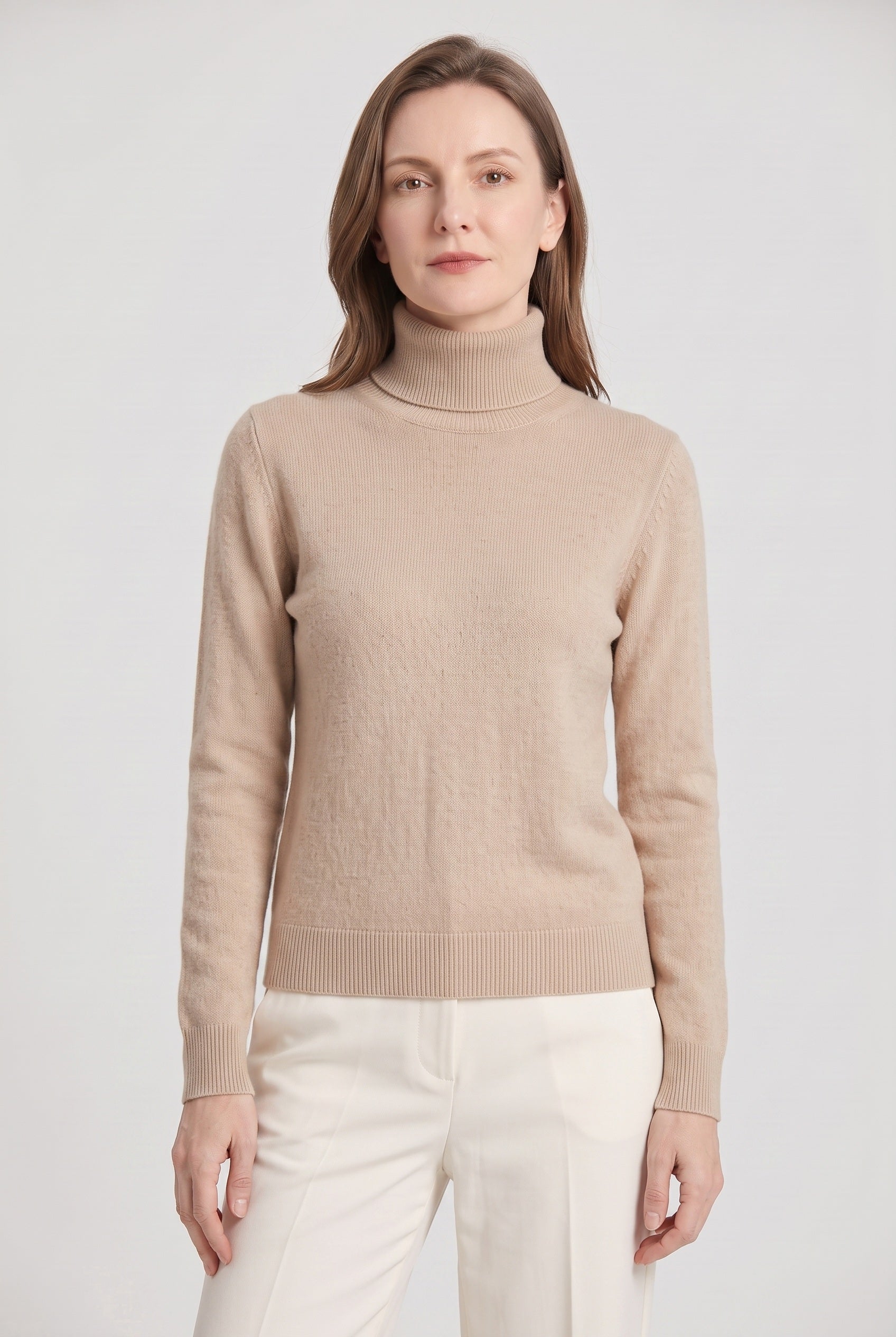 Women's Jumper | Roll Neck with Ribbed Trims - Beige