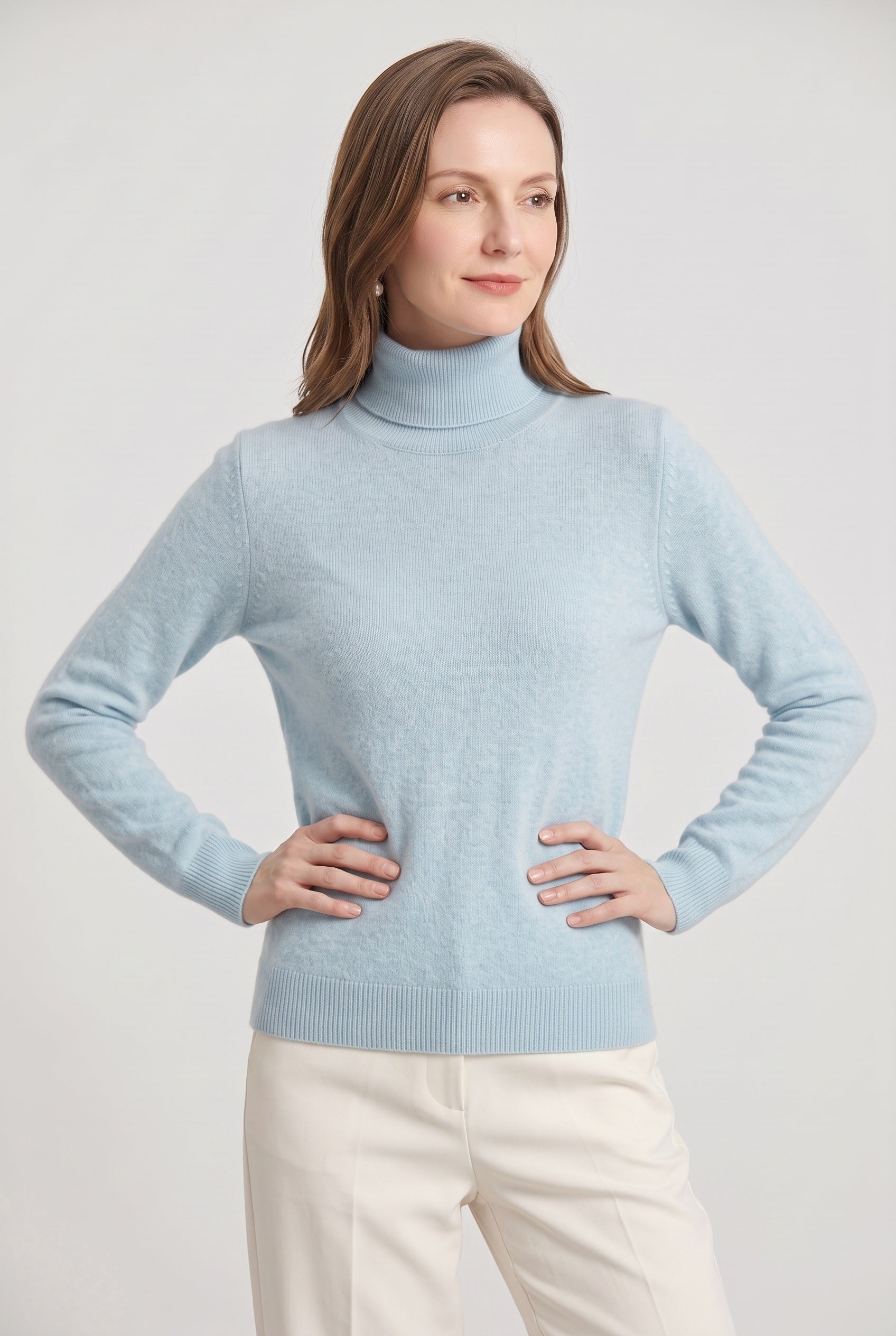 Women's Jumper | Roll Neck with Ribbed Trims - Light Blue