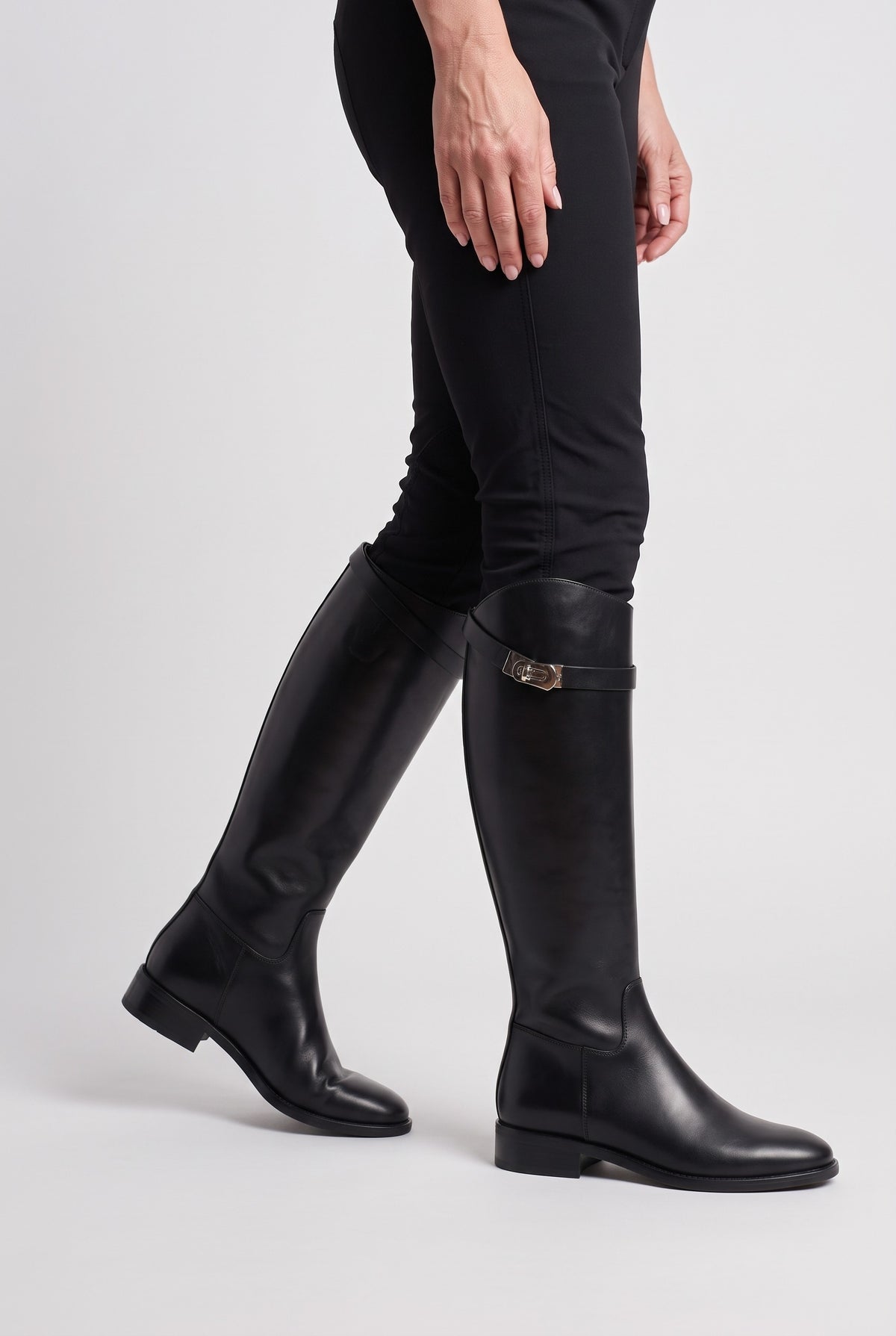 Women's Knee High Boots | Flat Buckle Strap worn