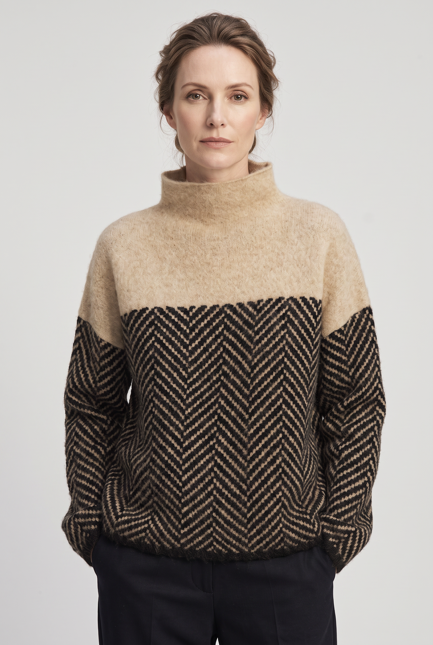 Women's Knitted Jumper | Roll Neck Herringbone Panel - 1