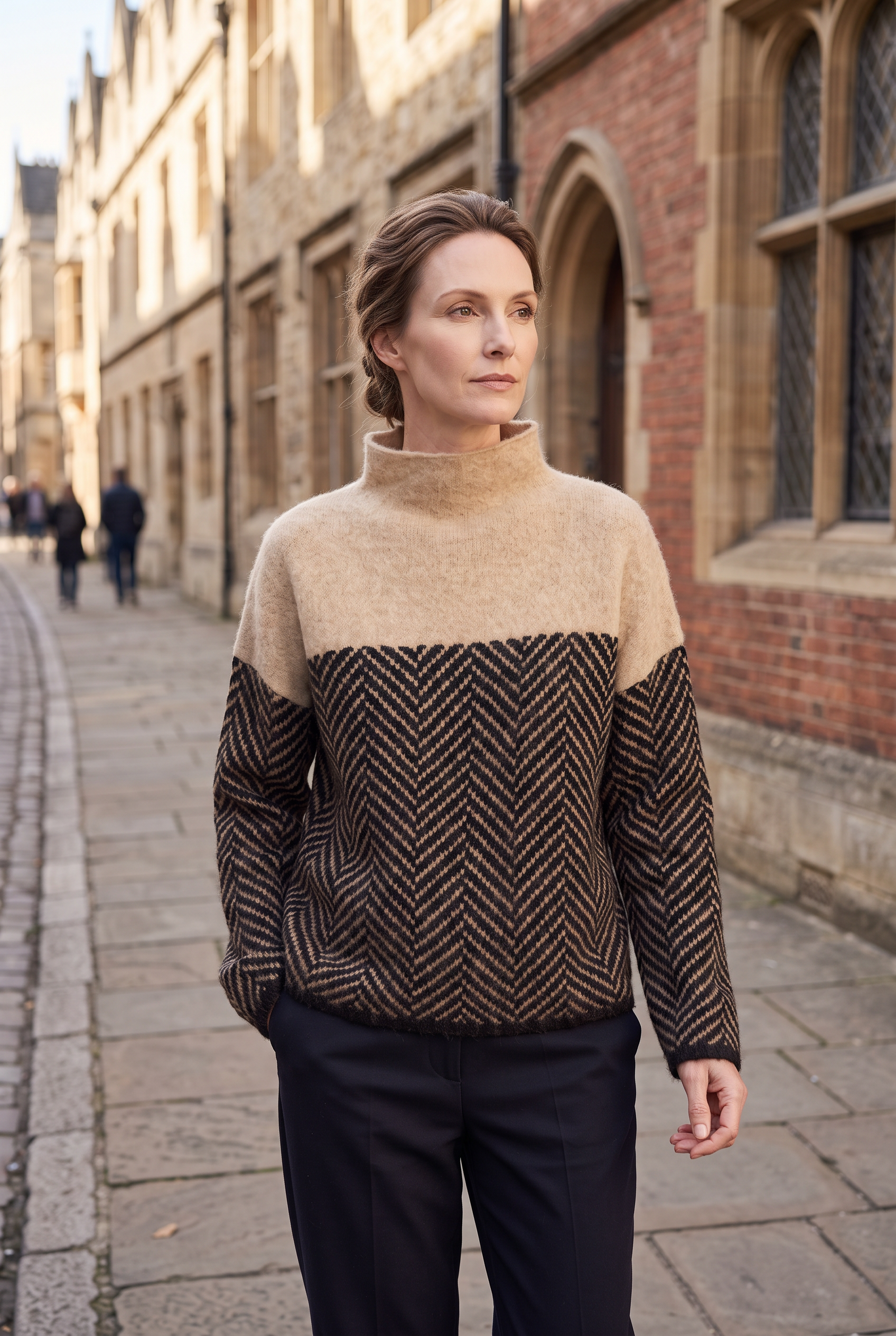 Women's Knitted Jumper | Roll Neck Herringbone Panel - 3