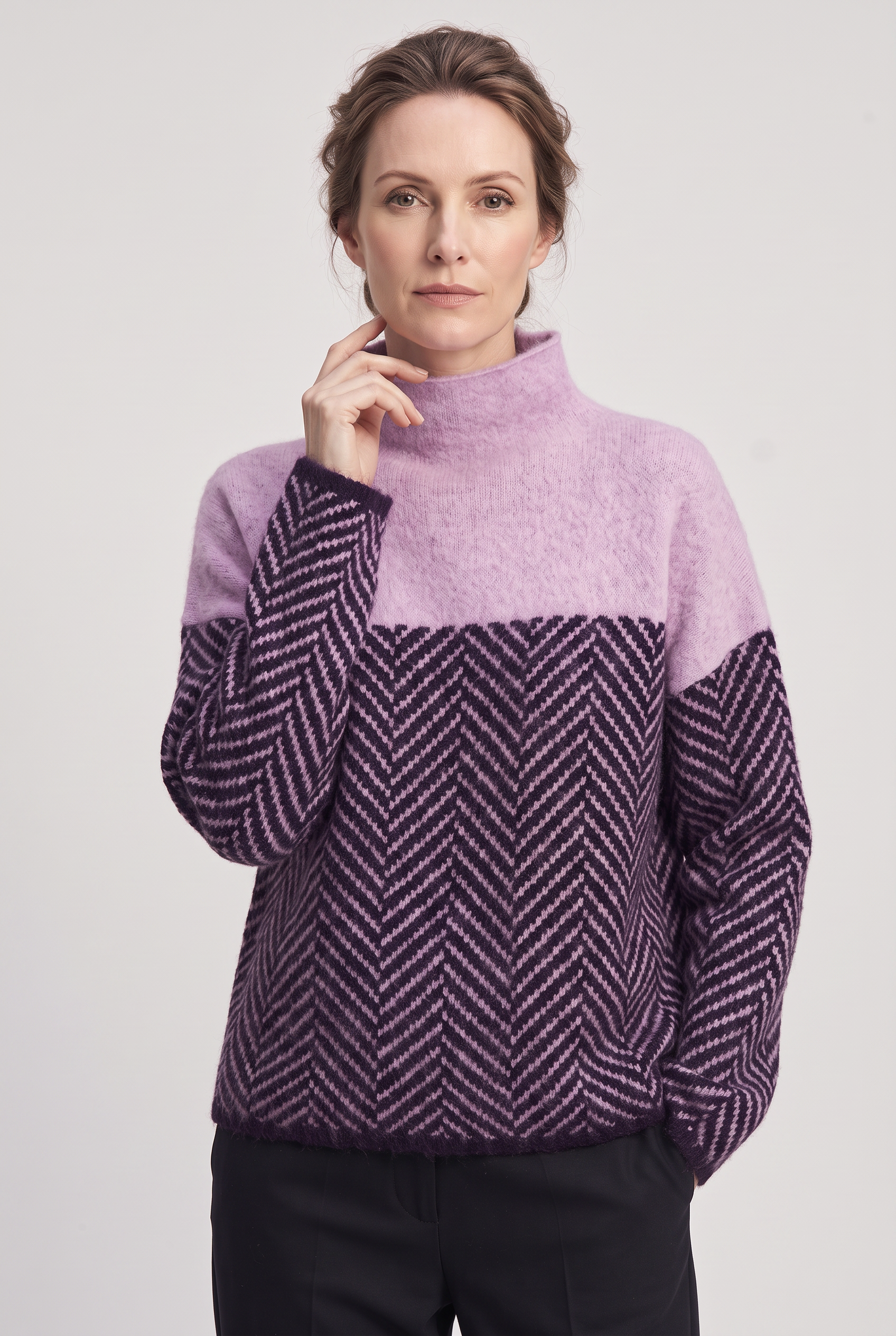 Women's Knitted Jumper | Roll Neck Herringbone Panel - 5