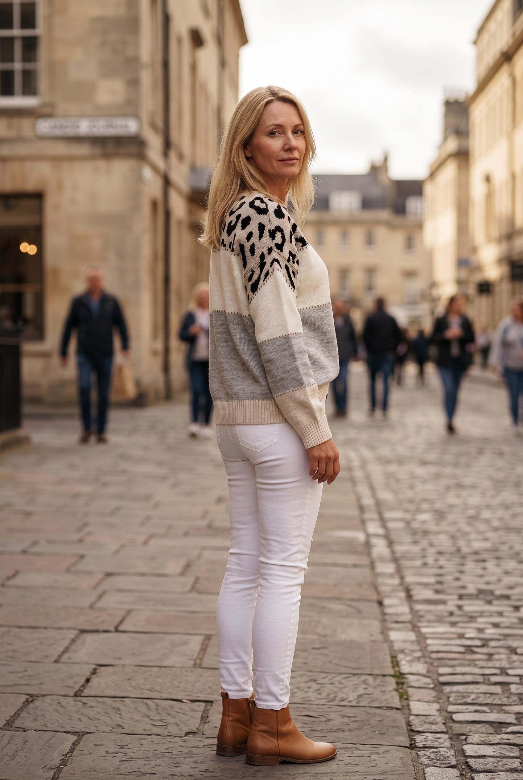 Women's Knitted Jumper | Leopard Print Colour Block - Grey lifestyle