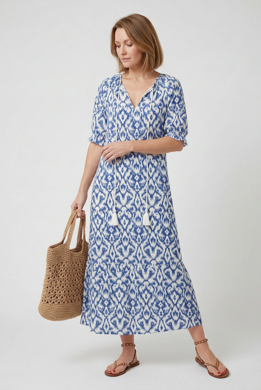 Women’s Maxi Dress | Boho Print with Tie-Neck Tassels - 7