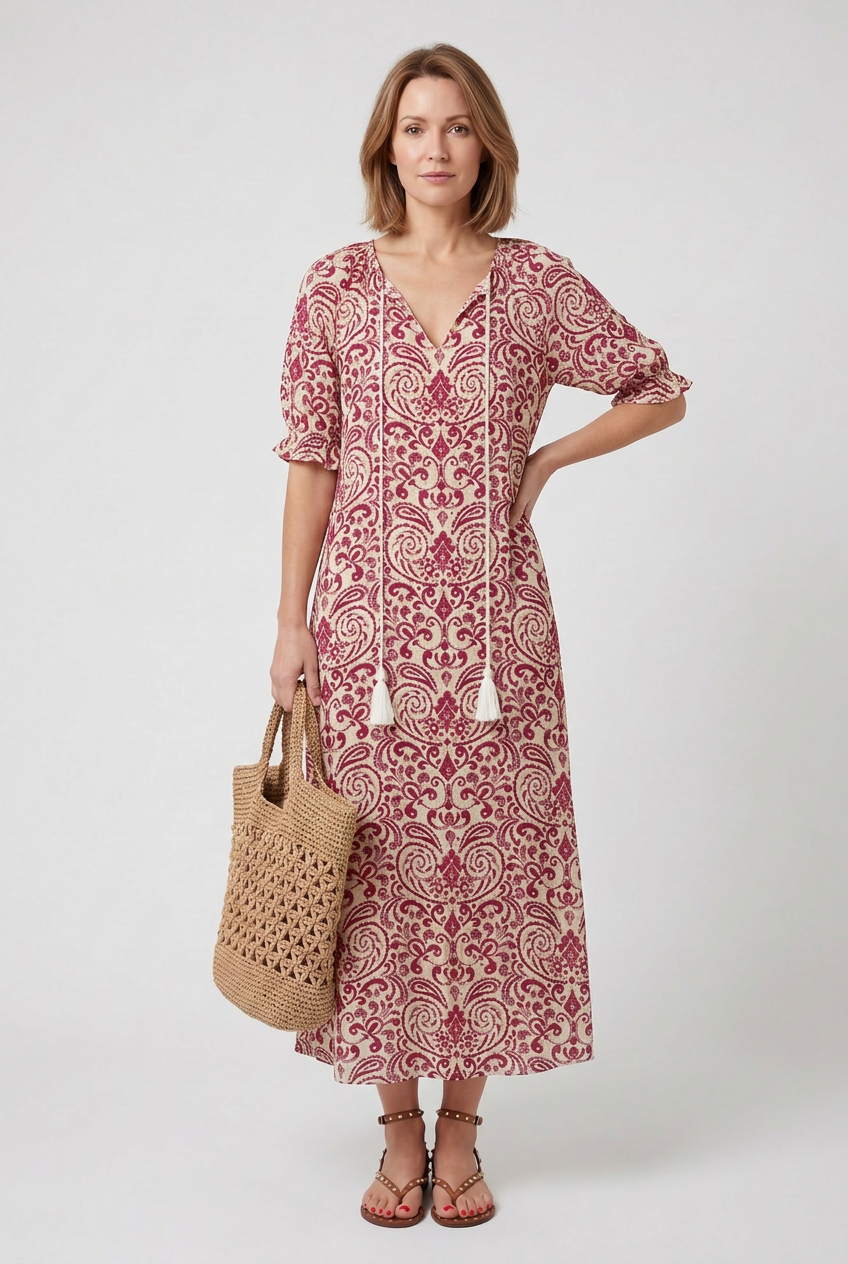Women’s Maxi Dress | Boho Print with Tie-Neck Tassels - 9