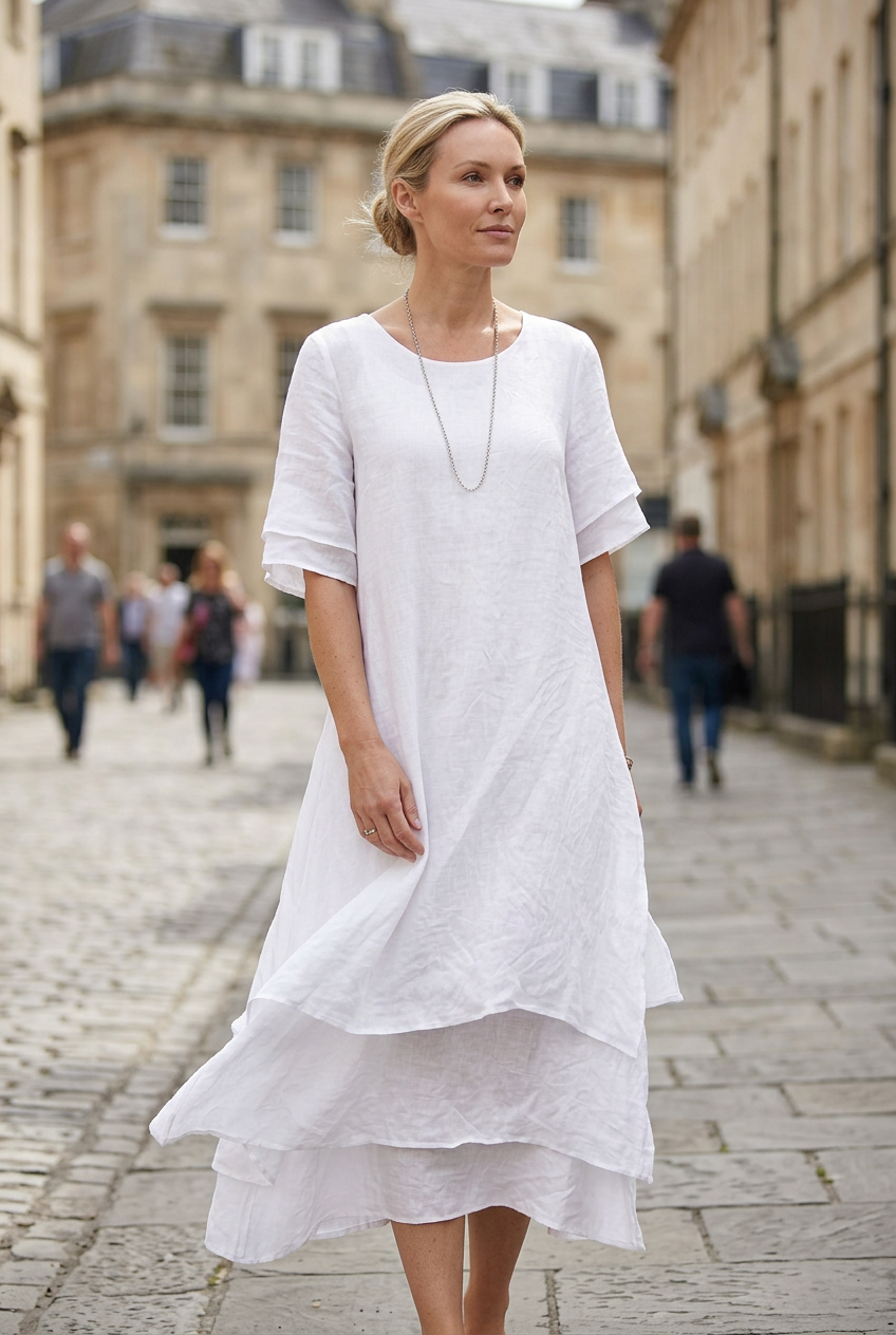 Women’s Midi Dress | Linen Look with Double-Layer Hem - 4