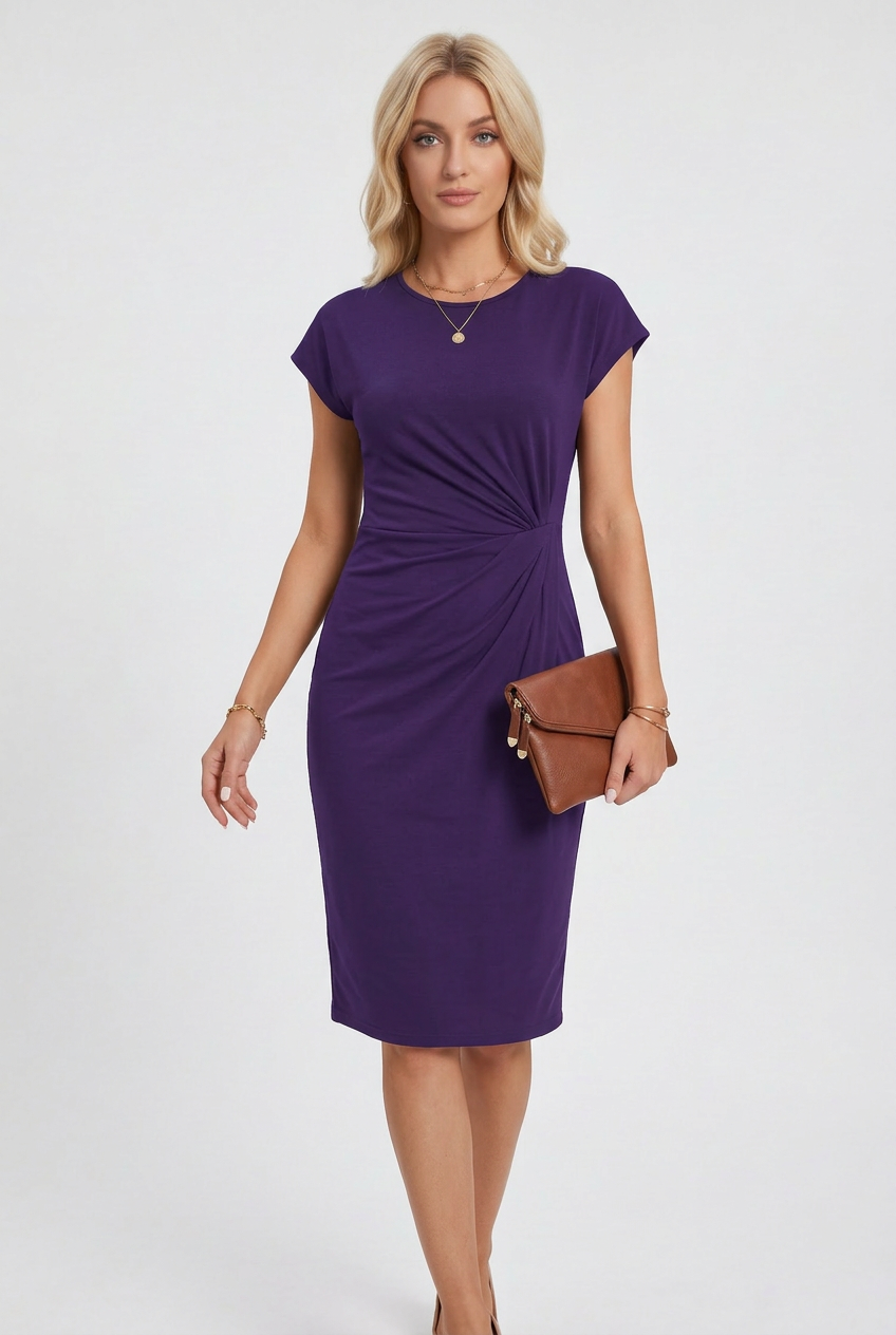 Women’s Midi Dress | Ruched Waist with Cap Sleeves - 10