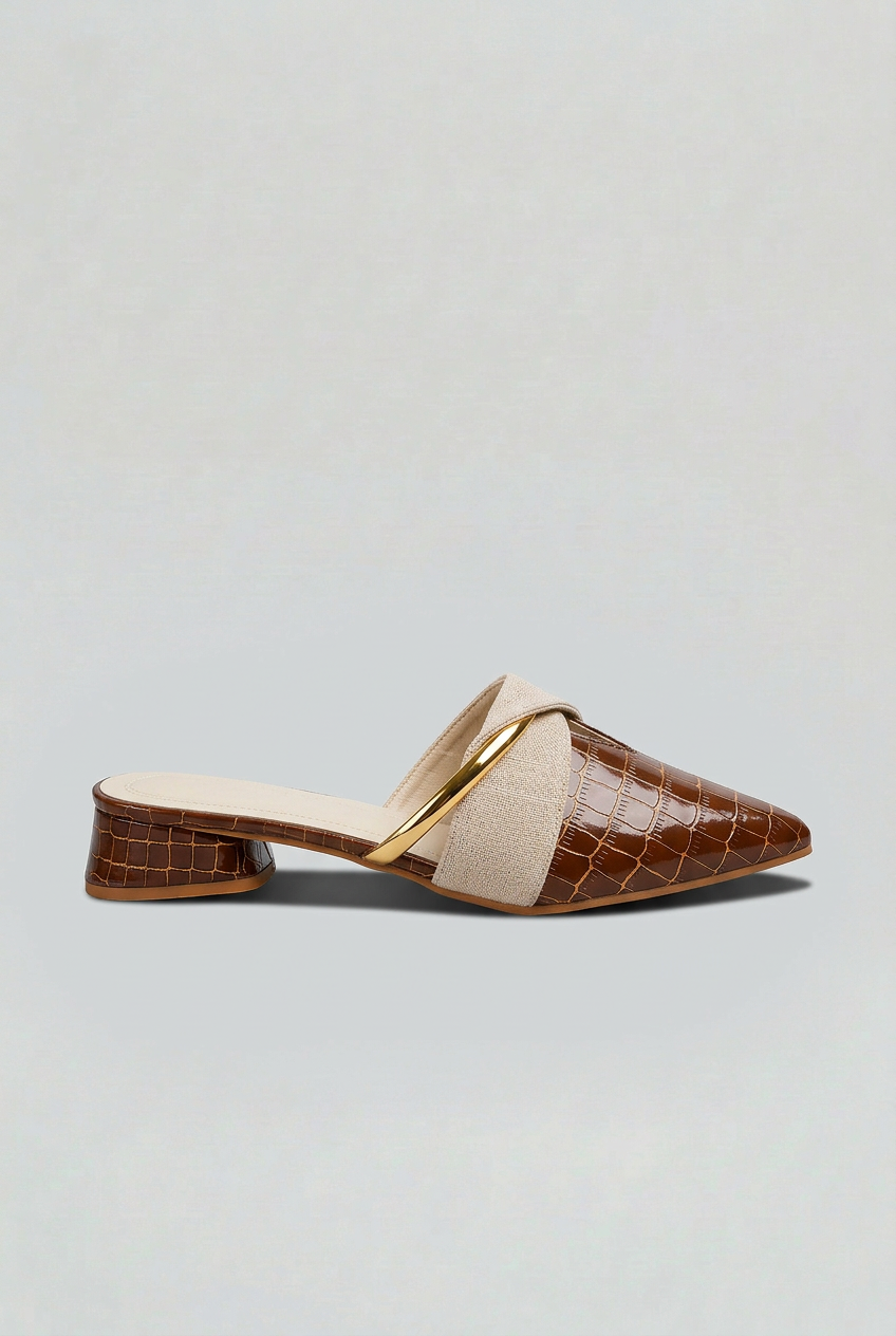 Women’s Mules | Croc-Embossed Look with Gold Bar - 1