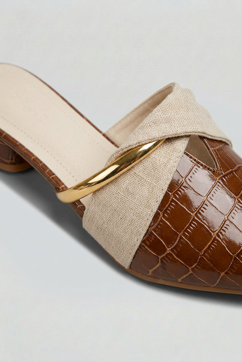 Women’s Mules | Croc-Embossed Look with Gold Bar - 3