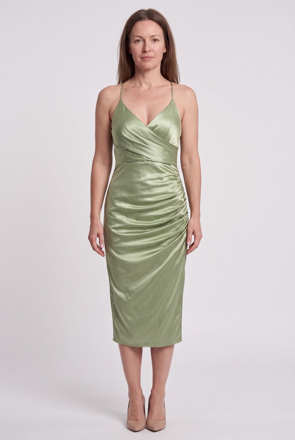 Women's Party Dress | Satin Wrap Midi - Green