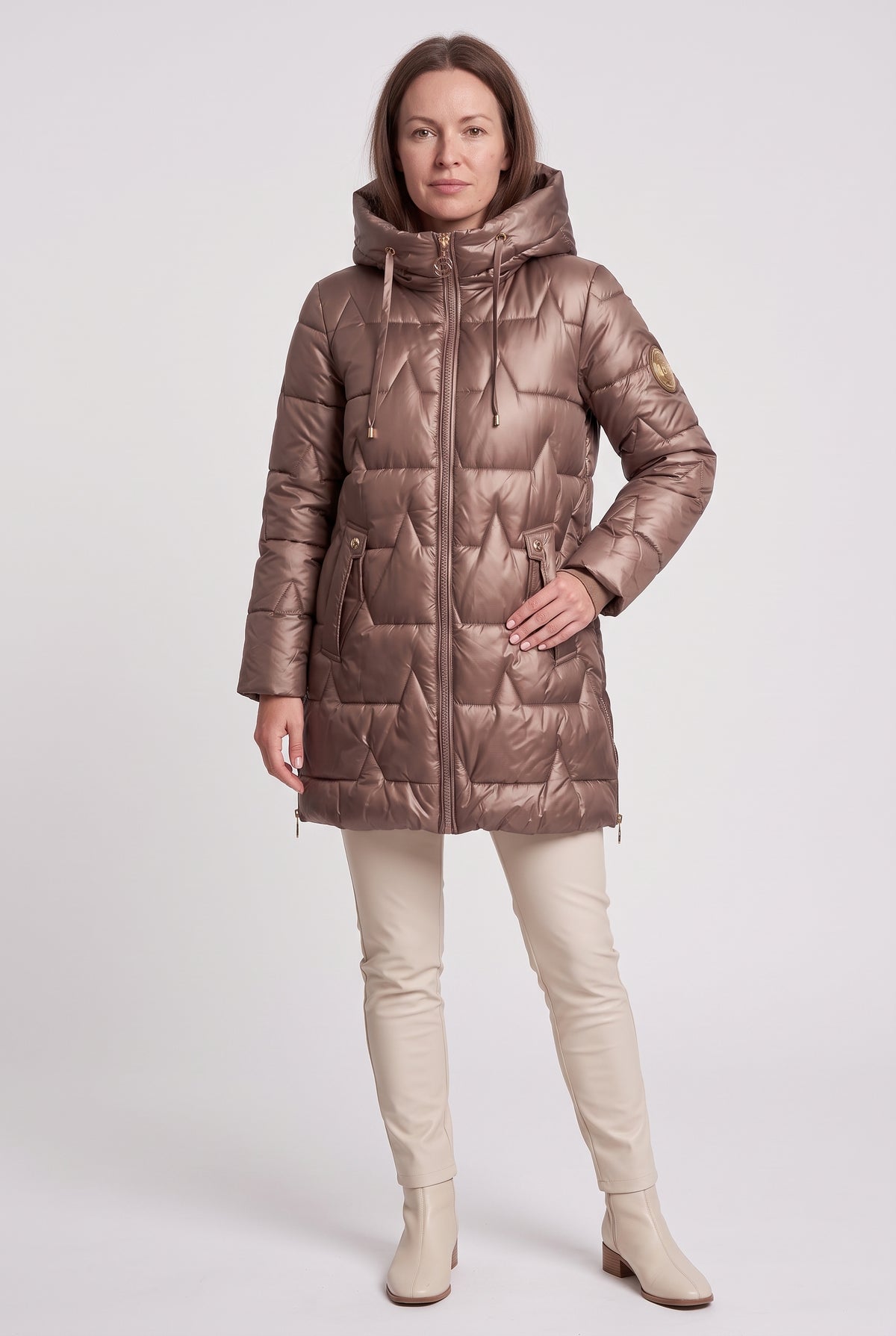 Women's Puffer Coat | Hooded Longline - Brown