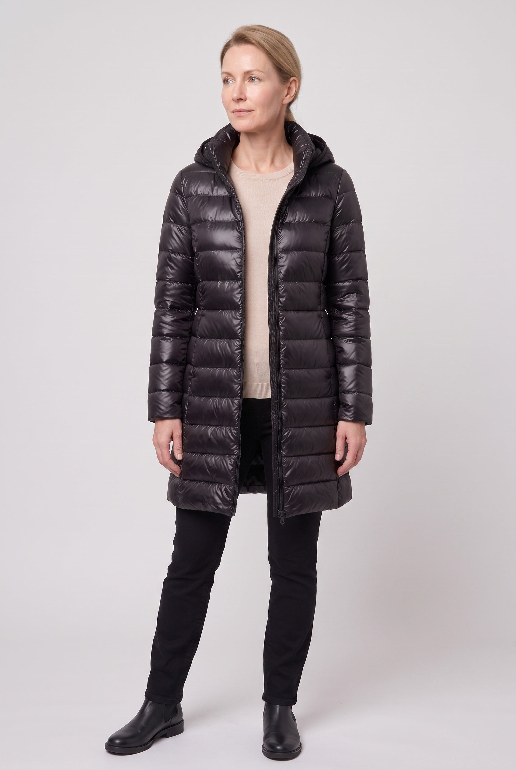 Women's Puffer Jacket | Hooded Longline - Black
