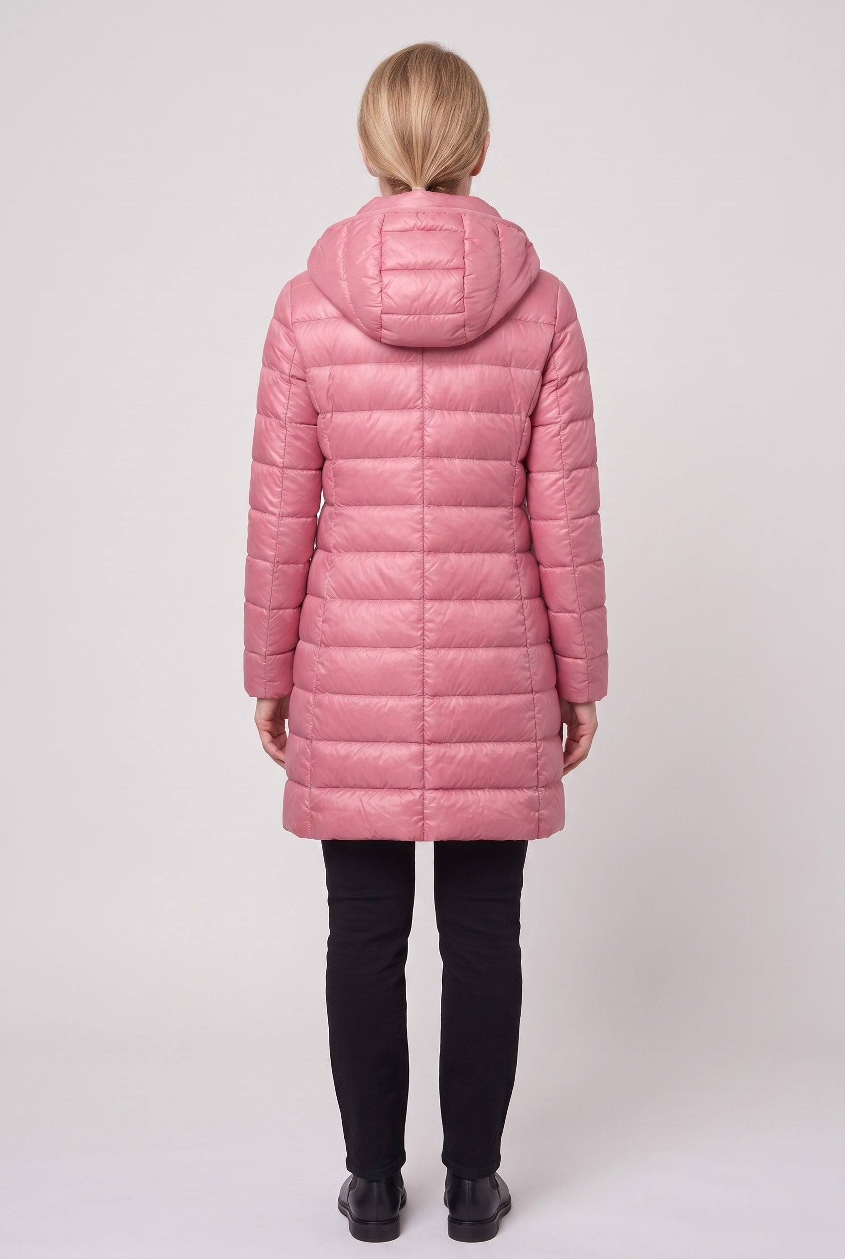 Women's Puffer Jacket | Hooded Longline - Pink back