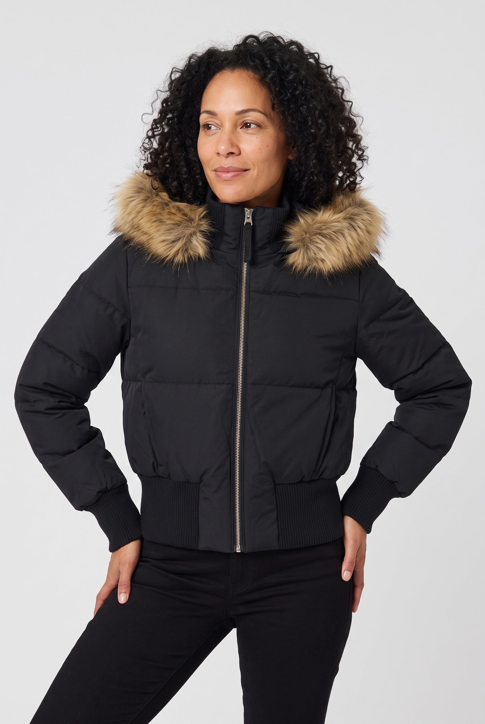 Women's Puffer Jacket | Cropped Removable Hood - Black