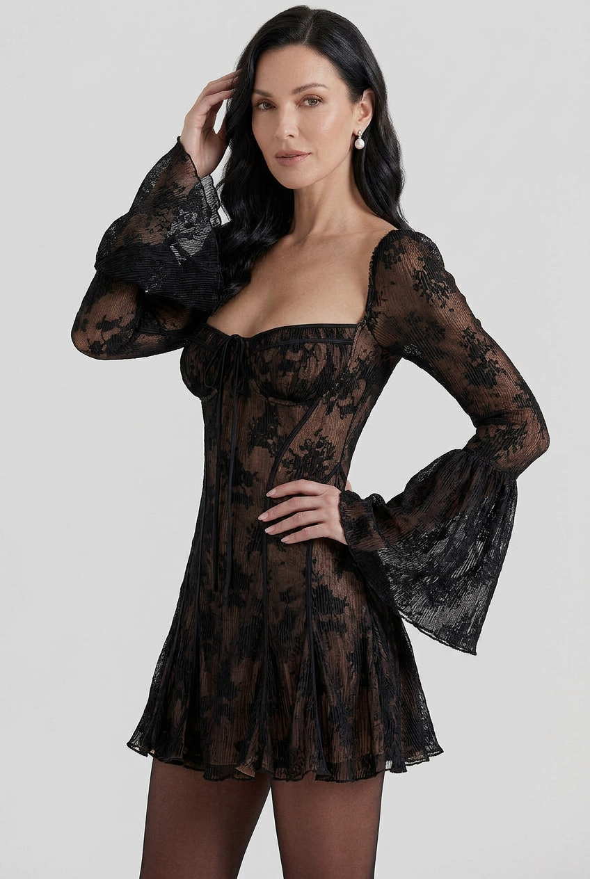 Women’s Square Neck Flared Sleeves Party Dress | Mini - 6