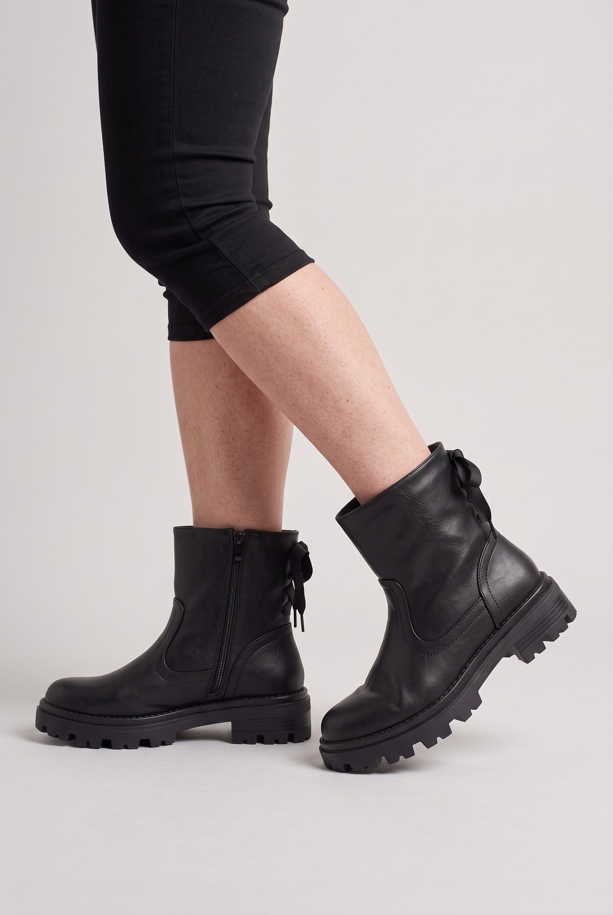 Women's Black Boots | Ribbon Lace Ankle Zip worn