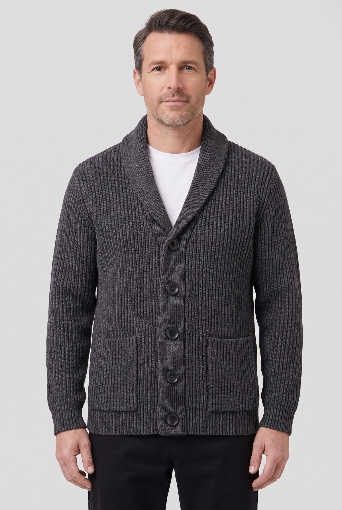 Men's Cardigan | Button Shawl Collar - Dark Grey