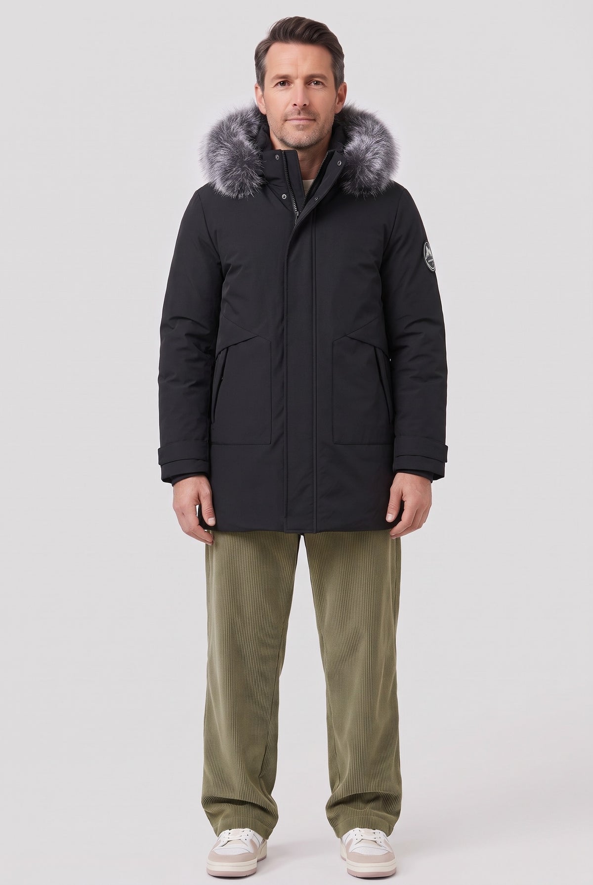 Men's Coat | Faux Fur Hood Parka - Black