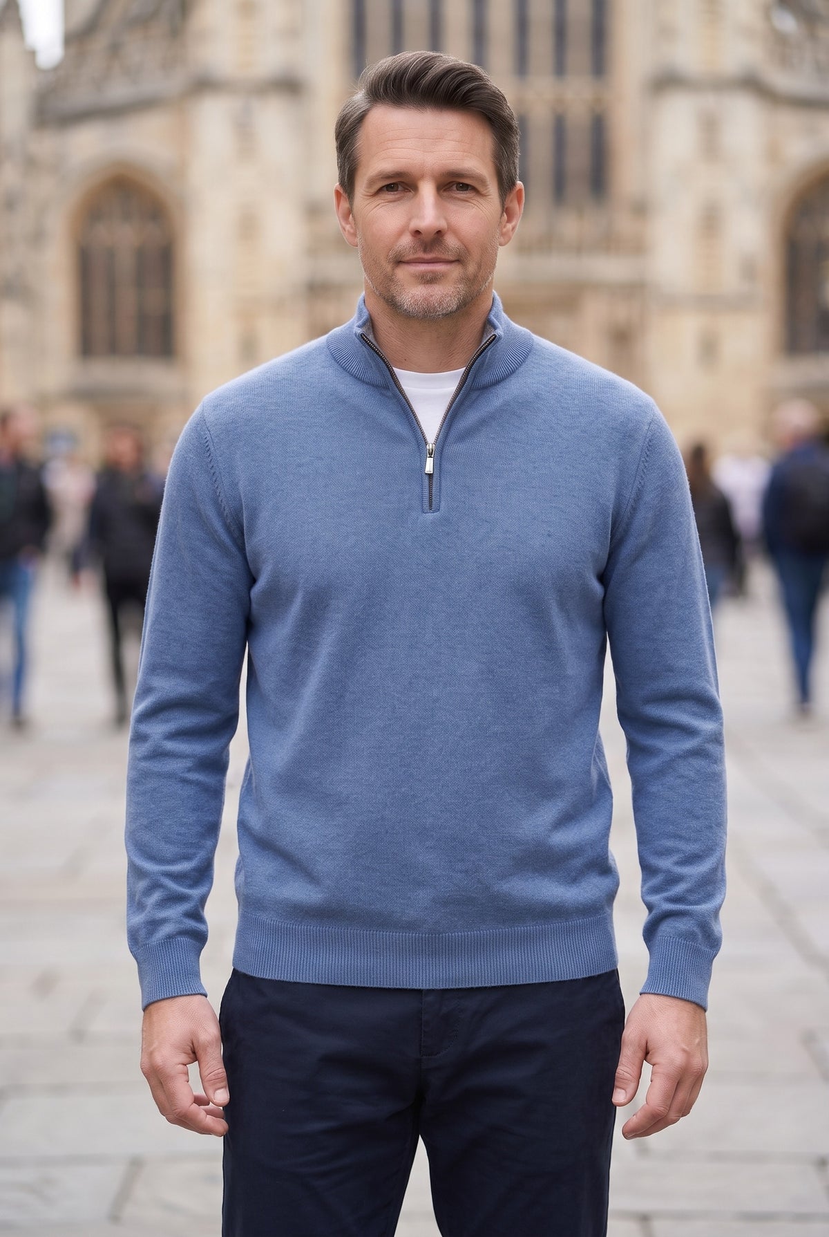 Men's Jumper | Fine Knit Half-Zip - Blue lifestyle