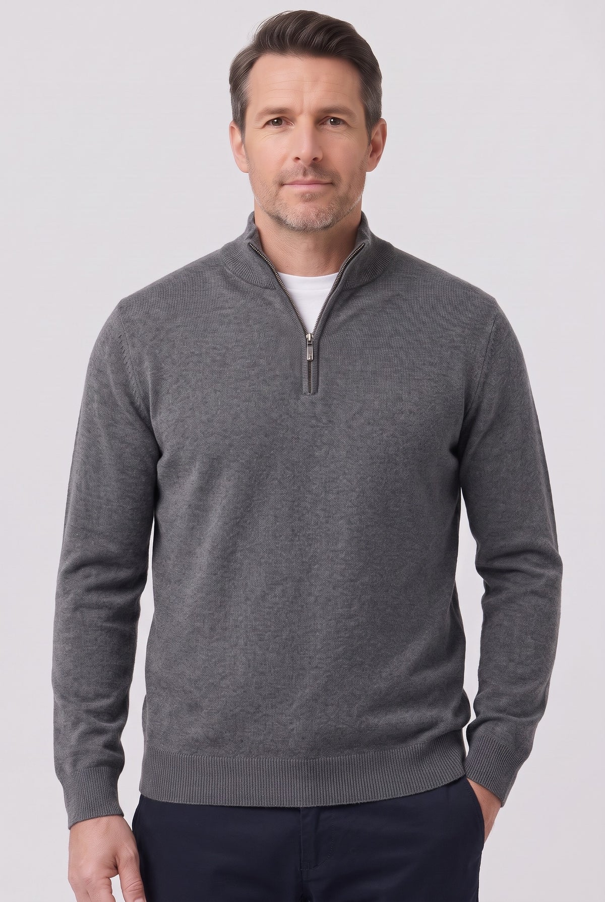 Men's Jumper | Fine Knit Half-Zip - Grey