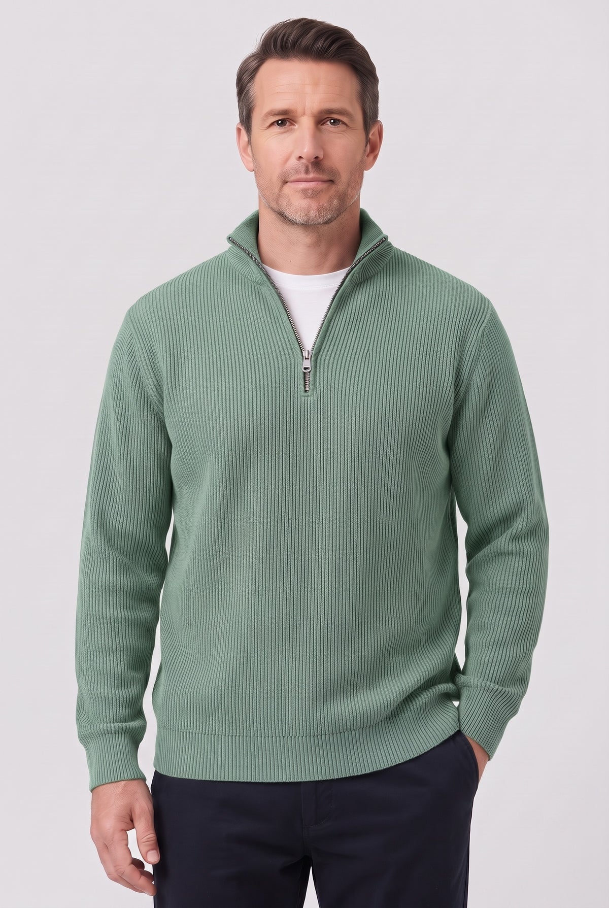 Men's Jumper | Ribbed Half-Zip - Green