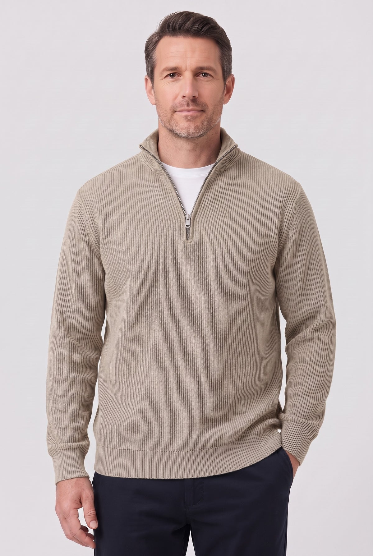 Men's Jumper | Ribbed Half-Zip - Khaki