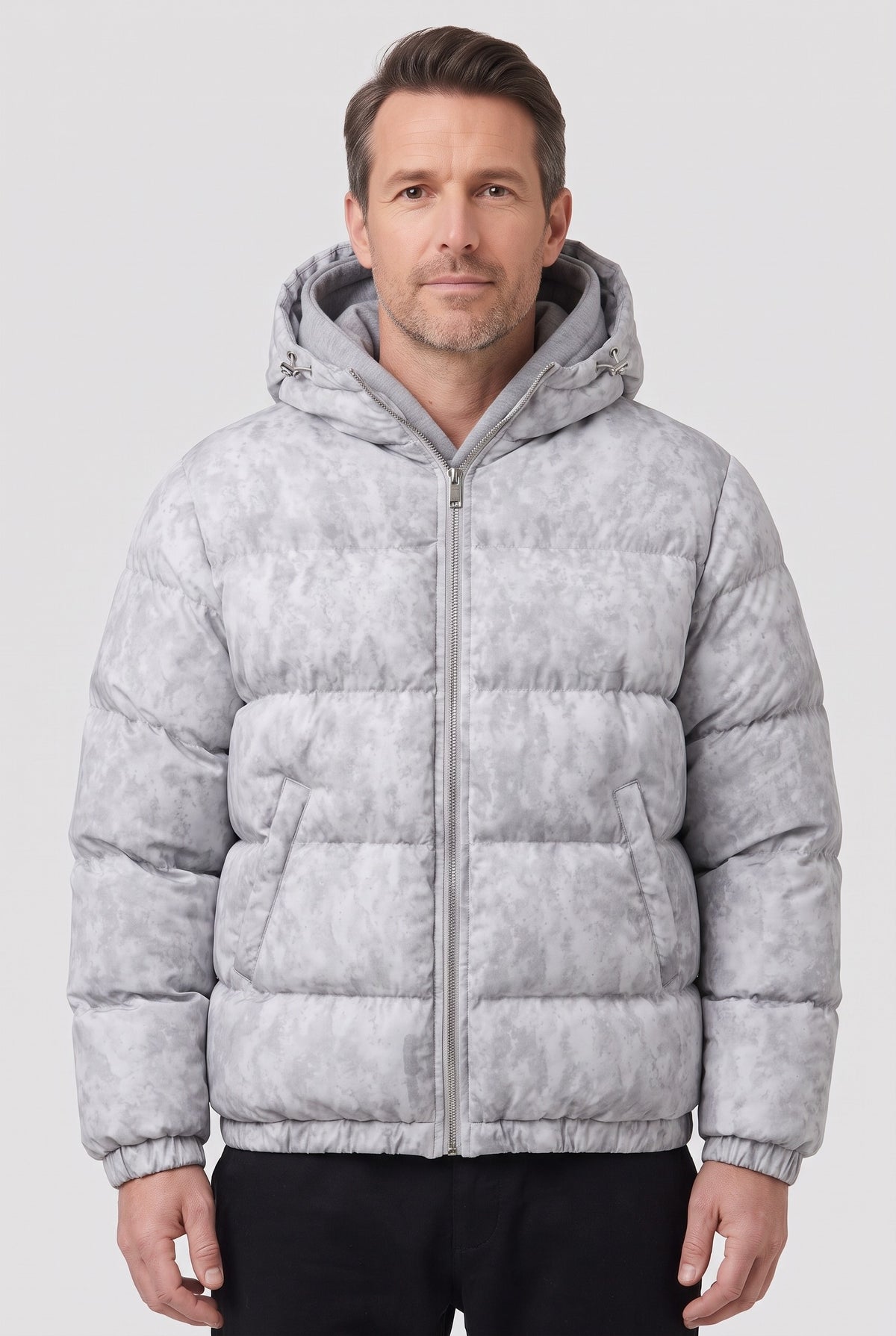 Men's Puffer Jacket | Hooded Zip-Up - Grey