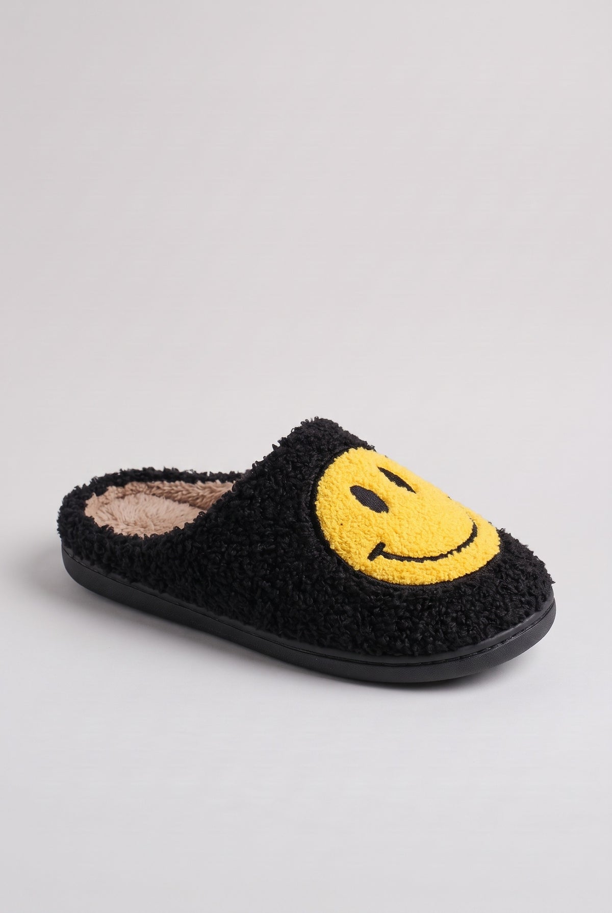 Women's Slippers | Fluffy Smiley Slip-On - Black