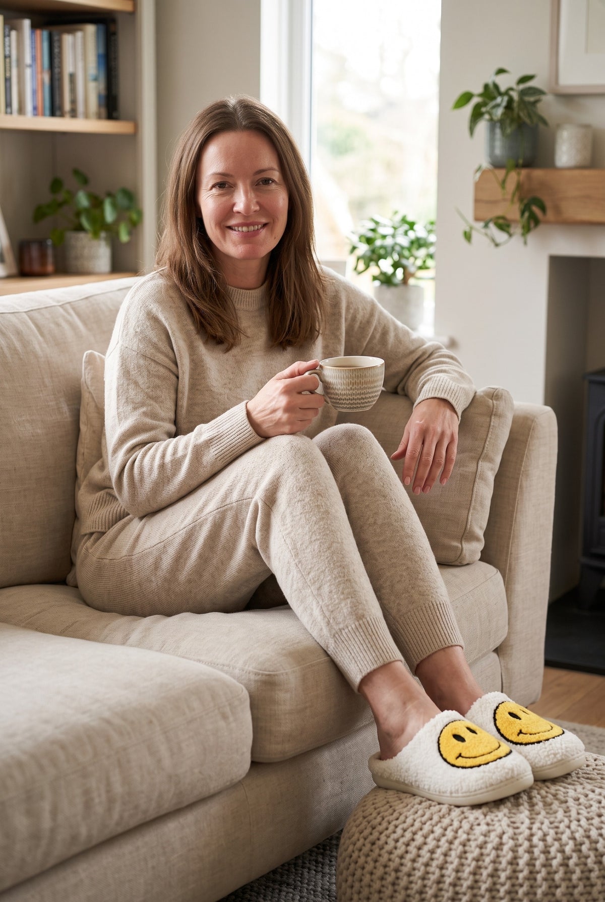 Women's Slippers | Fluffy Smiley Slip-On - White lifestyle