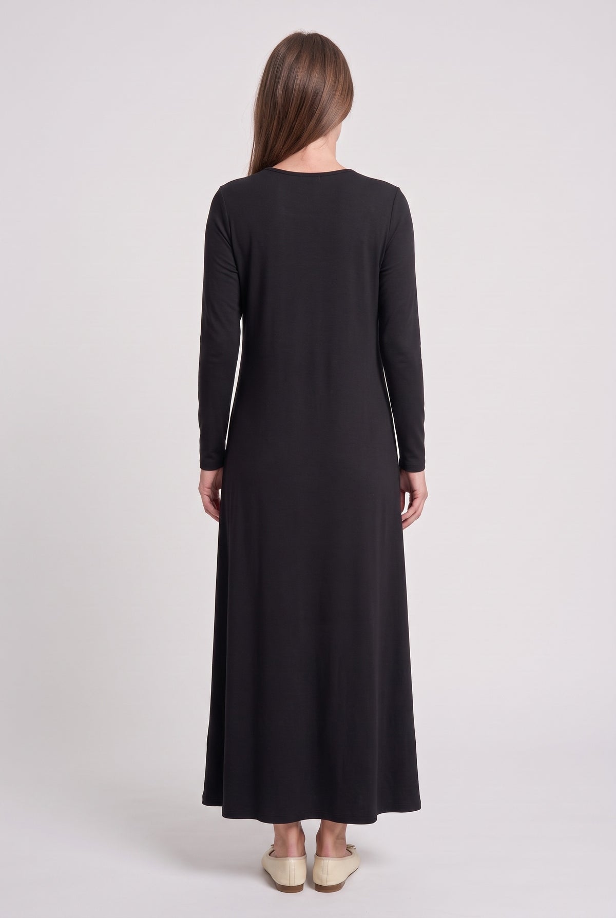 Women's Black Dress | Long Sleeve Swing Maxi - Black back