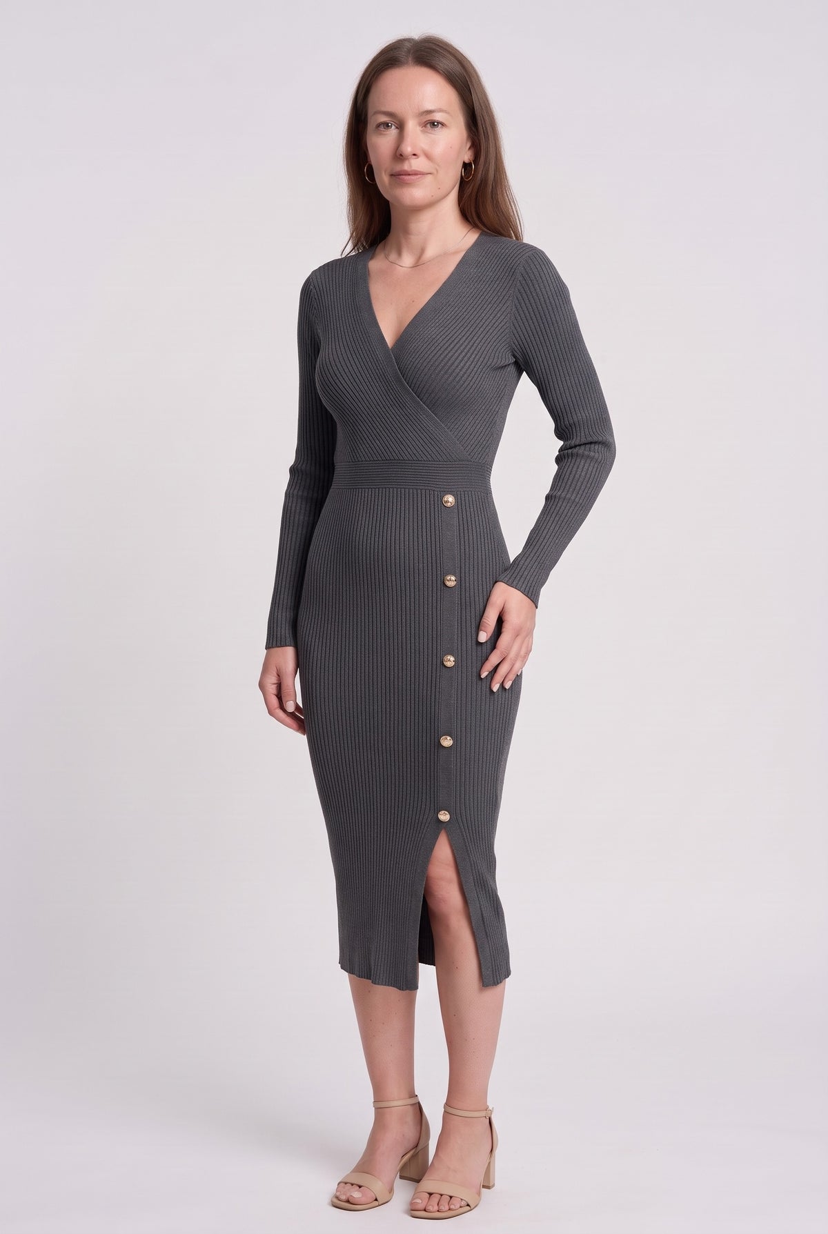 Women's Jumper Dress | Ribbed Side-Button Slit - Charcoal