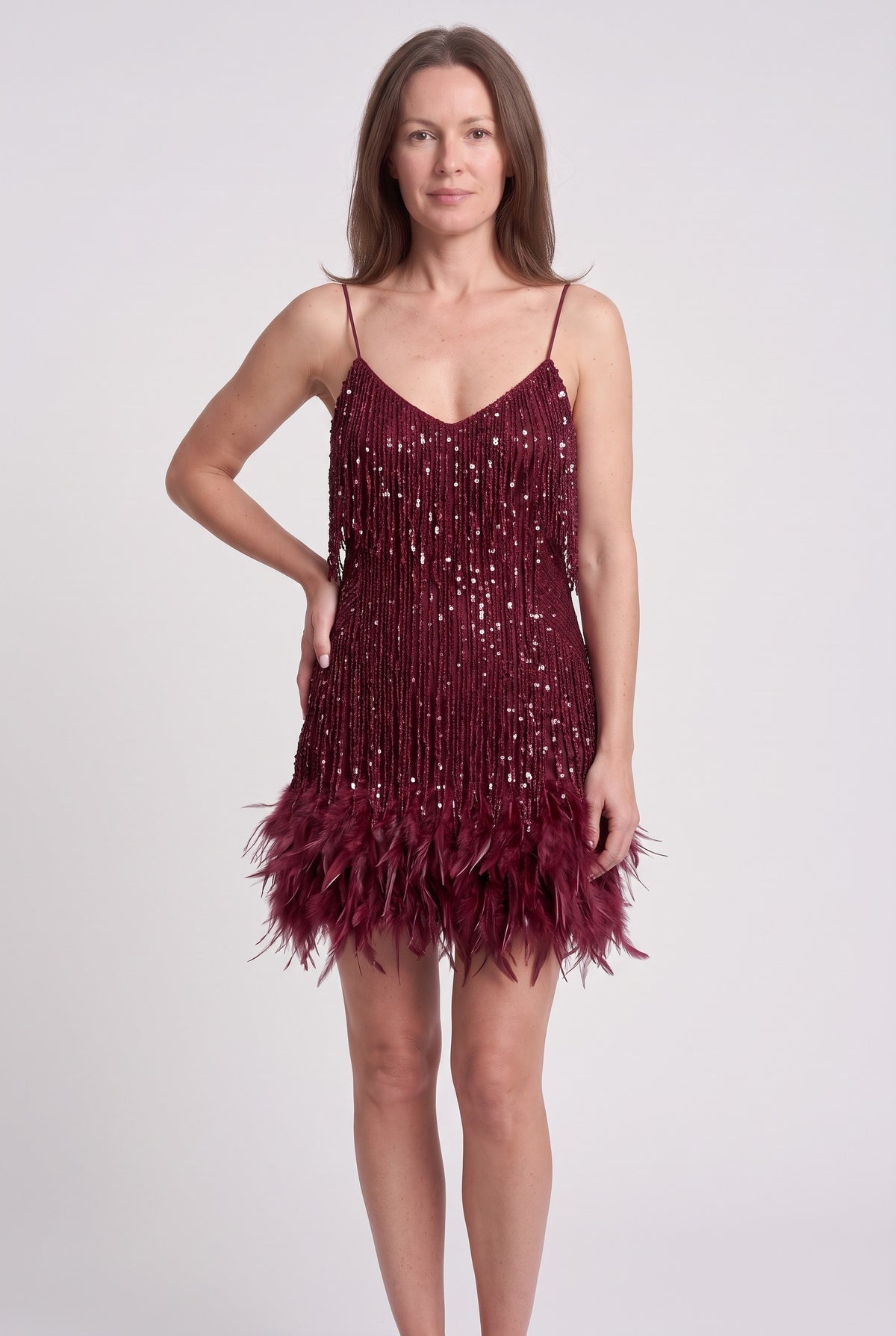 Women's Party Dress | Tassel Fringe Feather Hem - Wine Red