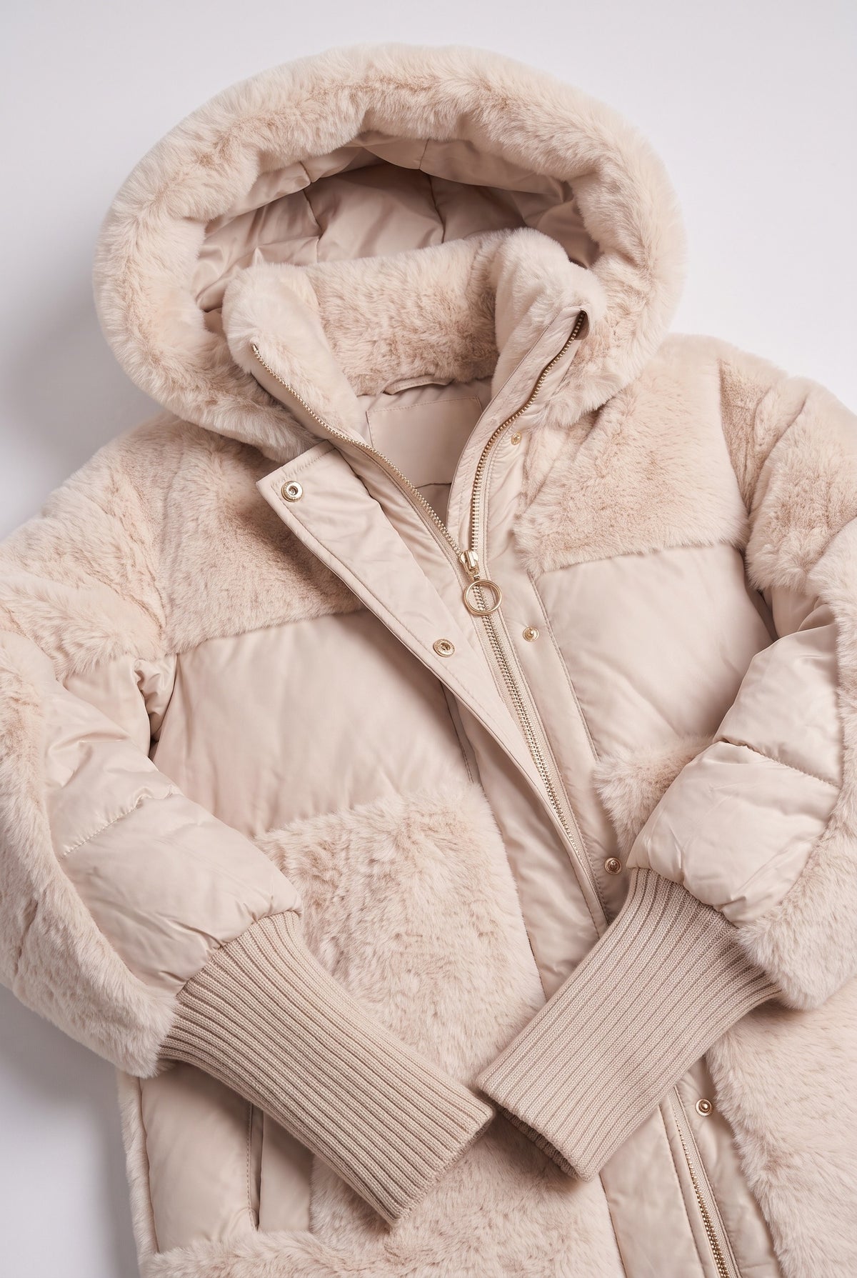 Women's Puffer Jacket | Faux Fur Hooded - Beige detail