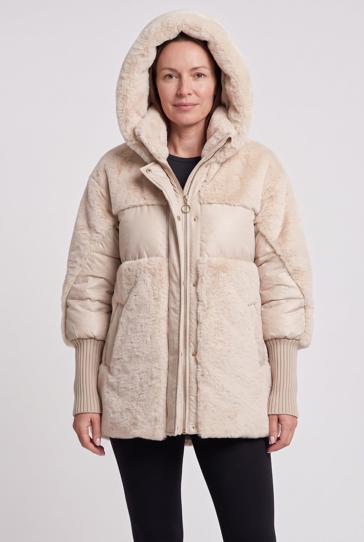 Women's Puffer Jacket | Faux Fur Hooded - Beige