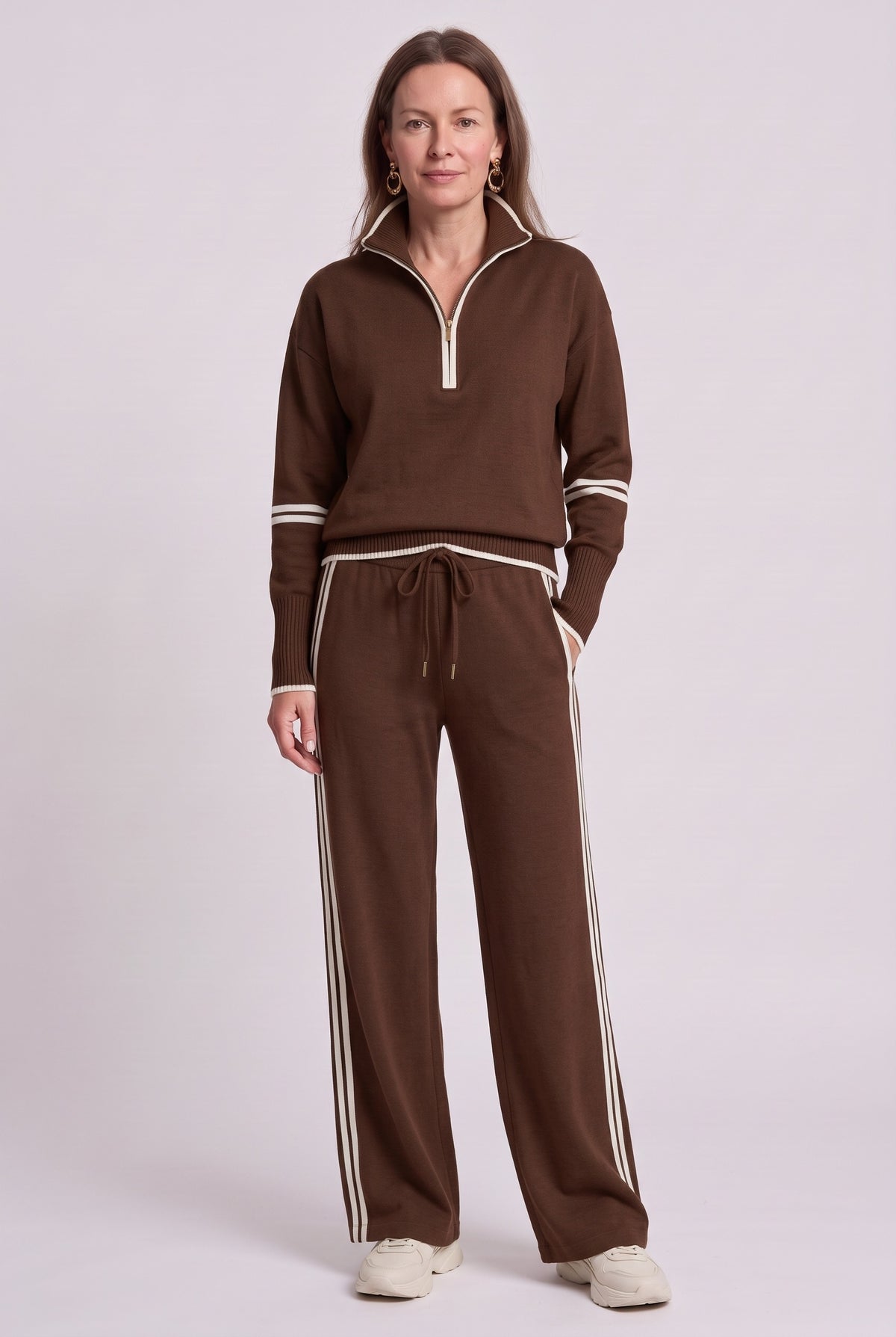 Women's Tracksuit | Half-Zip Wide Leg Set - Brown