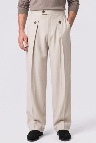 Men’s Wide Leg Trousers | Pleated Front - Beige