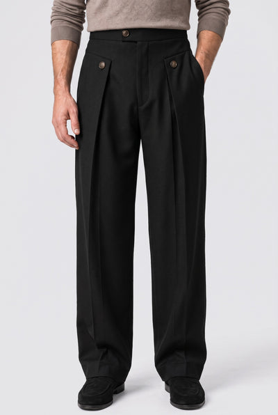 Men’s Wide Leg Trousers | Pleated Front - Black