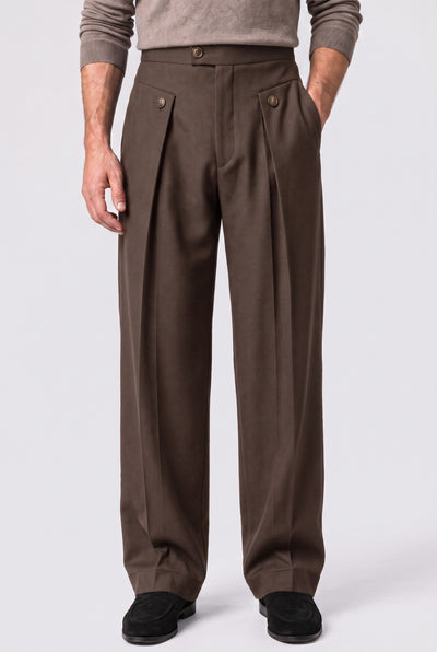 Men’s Wide Leg Trousers | Pleated Front - Brown
