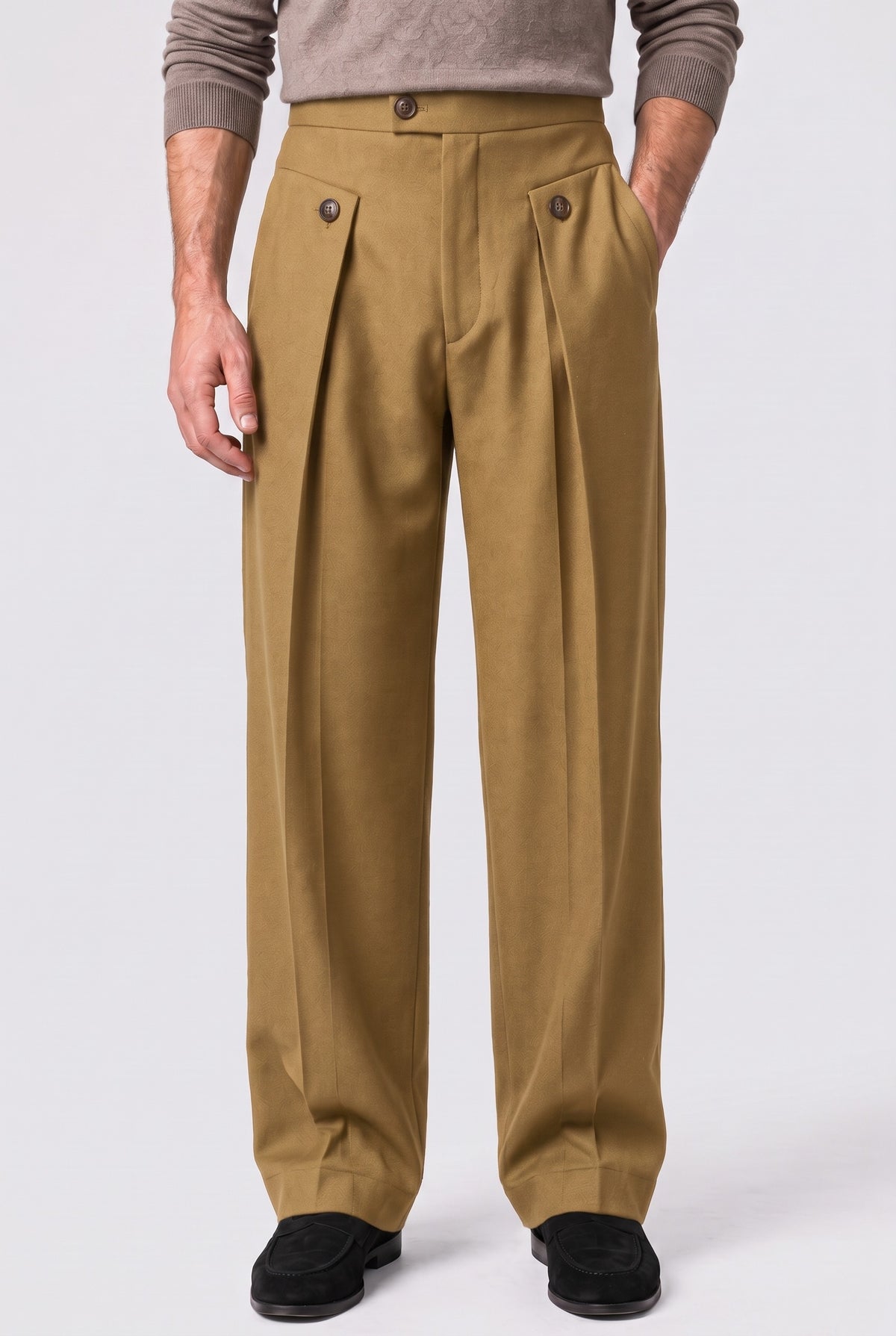 Men’s Wide Leg Trousers | Pleated Front - Khaki