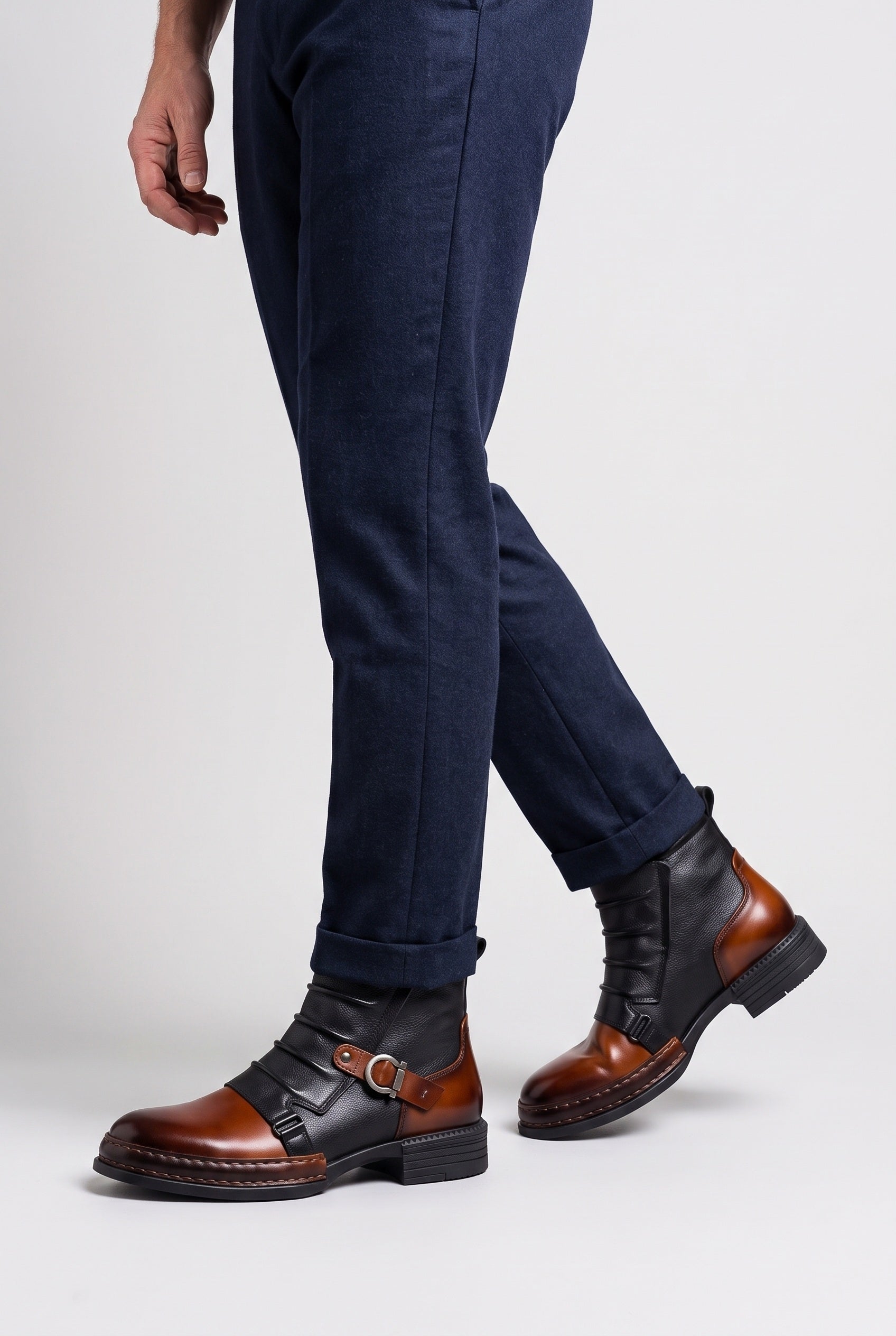 Men's Ankle Boots | Buckle Leather-Look - Cognac Brown worn