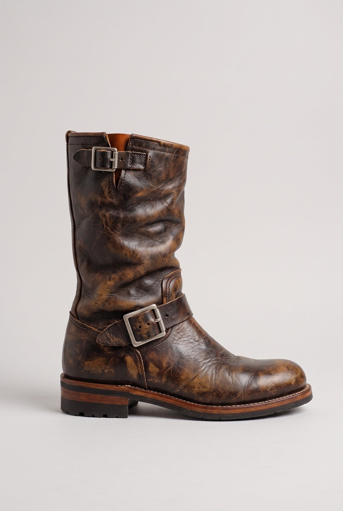 Men's Boots | Buckle Biker Leather-Look - Retro Brown