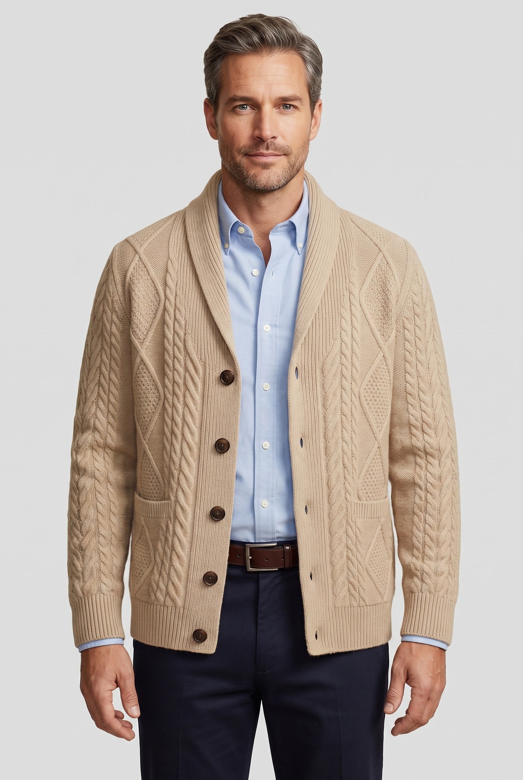 Men's Cardigan | Cable Knit Button Front - Beige