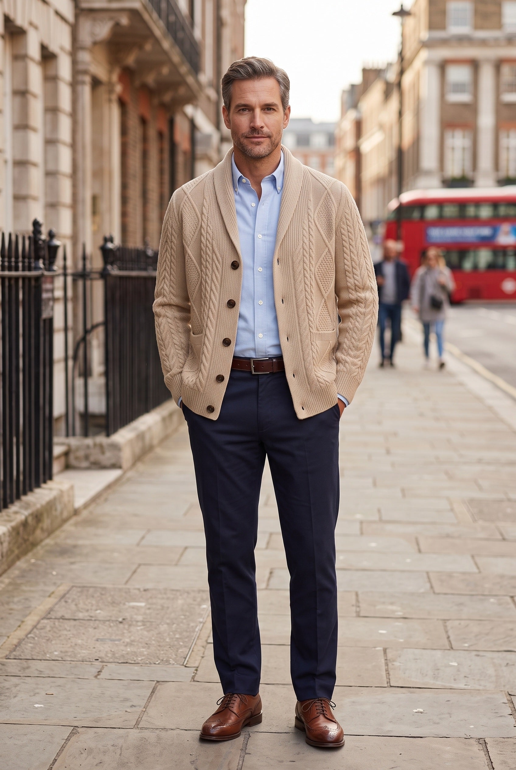 Men's Cardigan | Cable Knit Button Front - Beige lifestyle