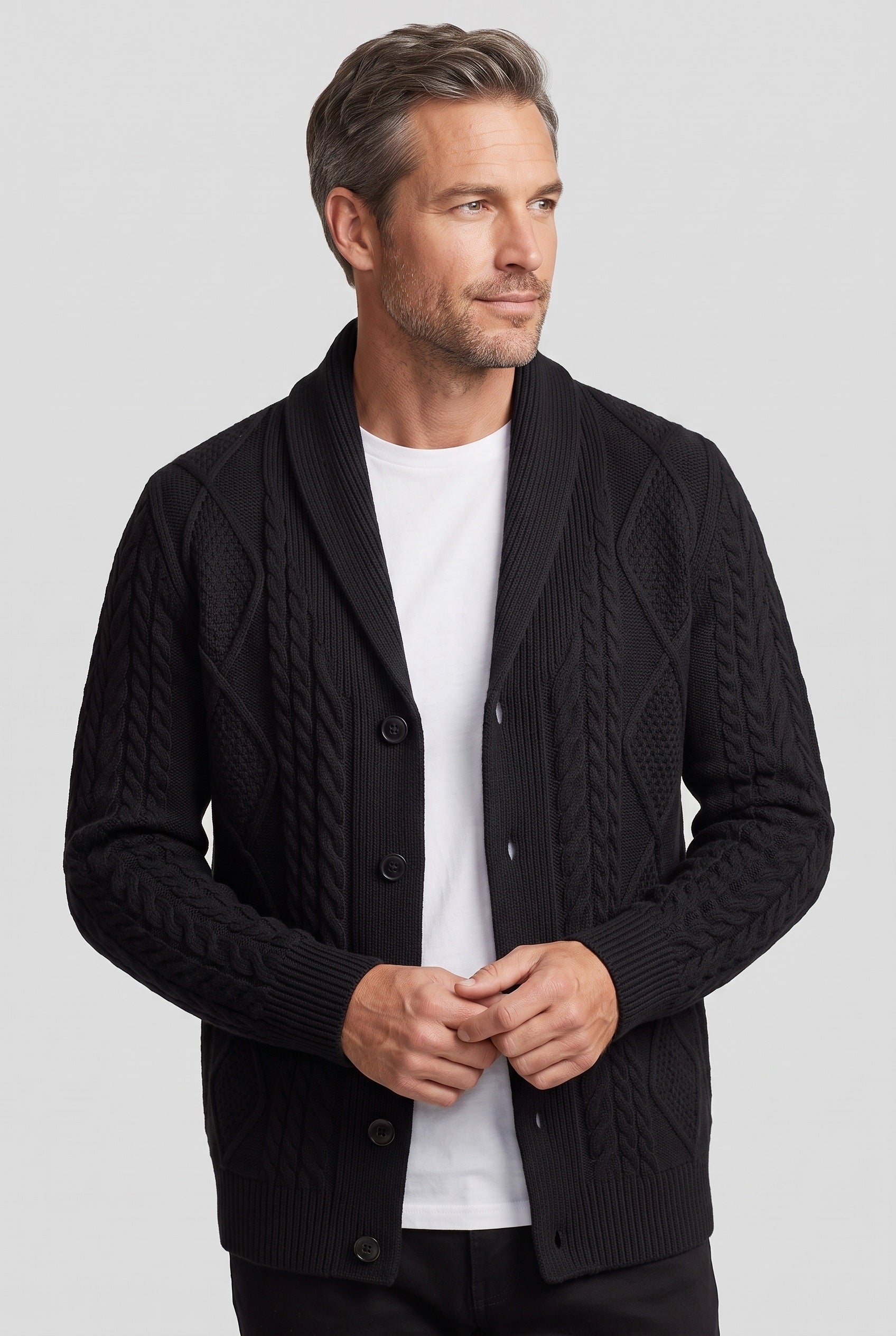 Men's Cardigan | Cable Knit Button Front - Black