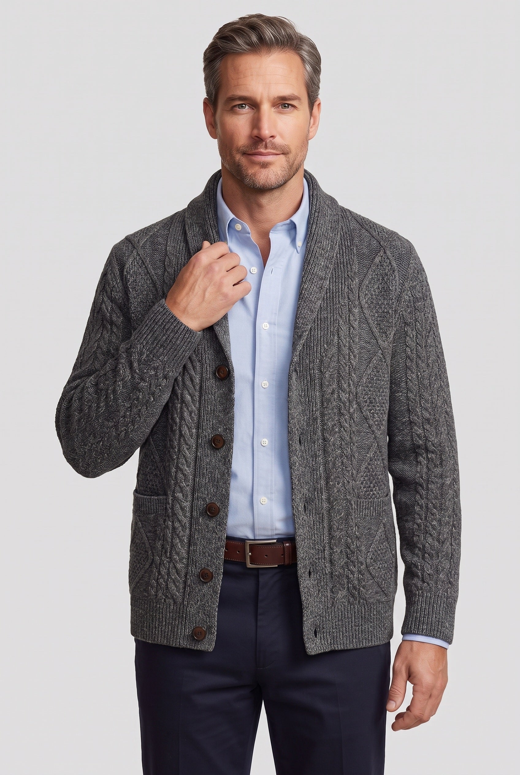 Men's Cardigan | Cable Knit Button Front - Dark Grey